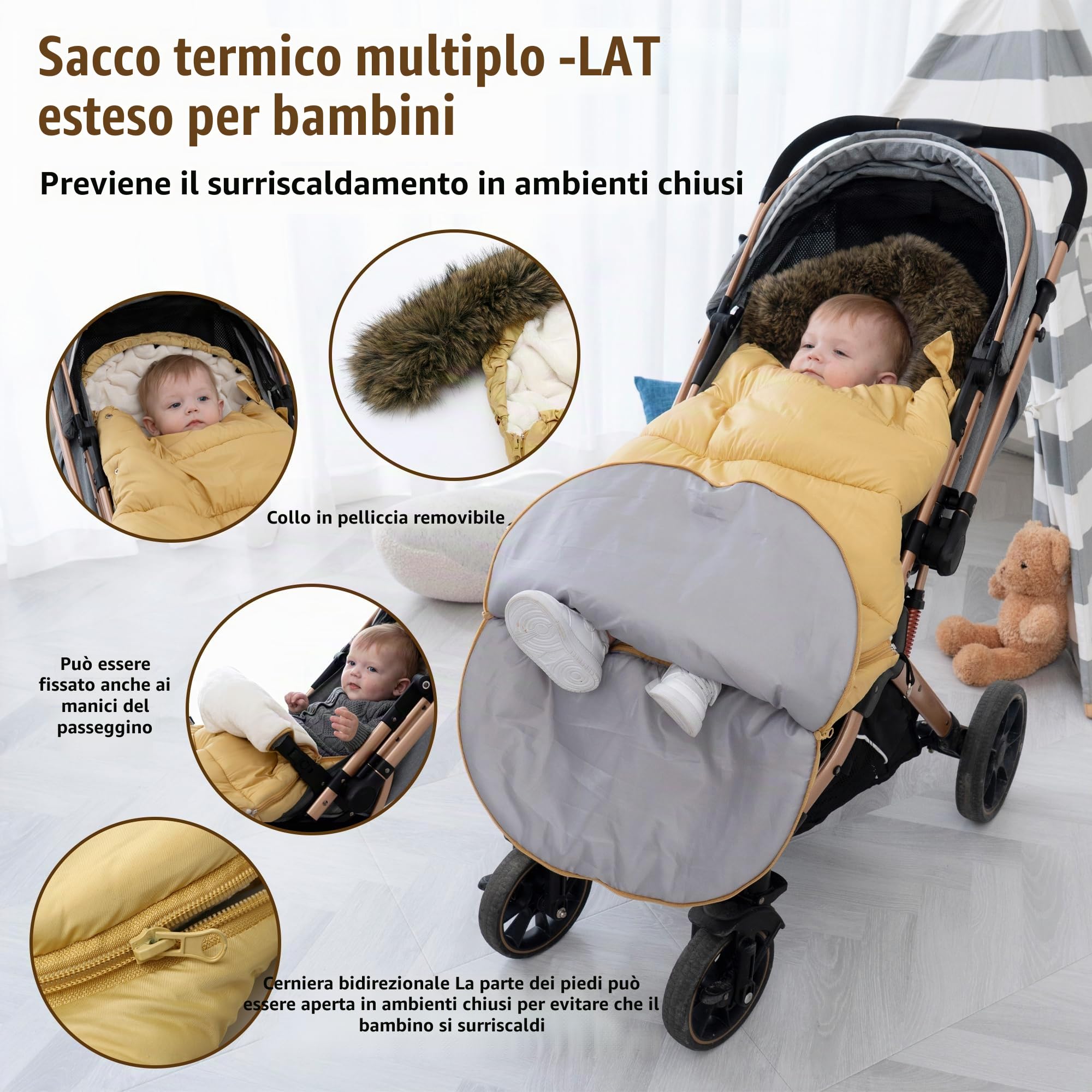 Sacco Termico Invernale per Passeggino Universale, Coprigambe Passeggino Universale con Sezione di Prolunga Staccabile, Impermeabile Sacco Passeggino Invernale (Colletto di Pelliccia, Giallo)
