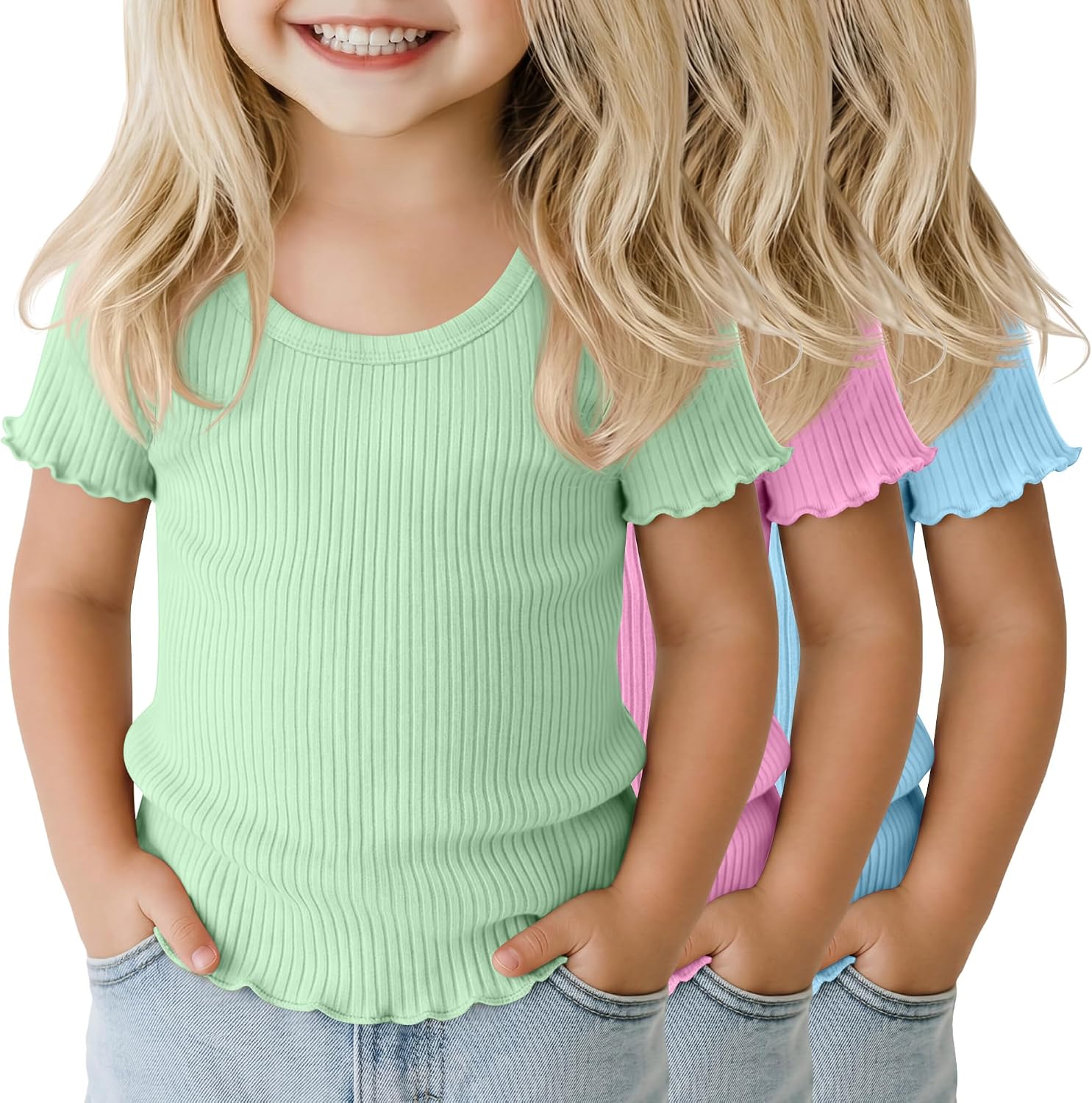 3 Pack Toddler Girls Short Sleeve Shirts Ribbed Knit Cotton Lettuce Trim U Neck Tops Casual Cute Summer Tees Blouses