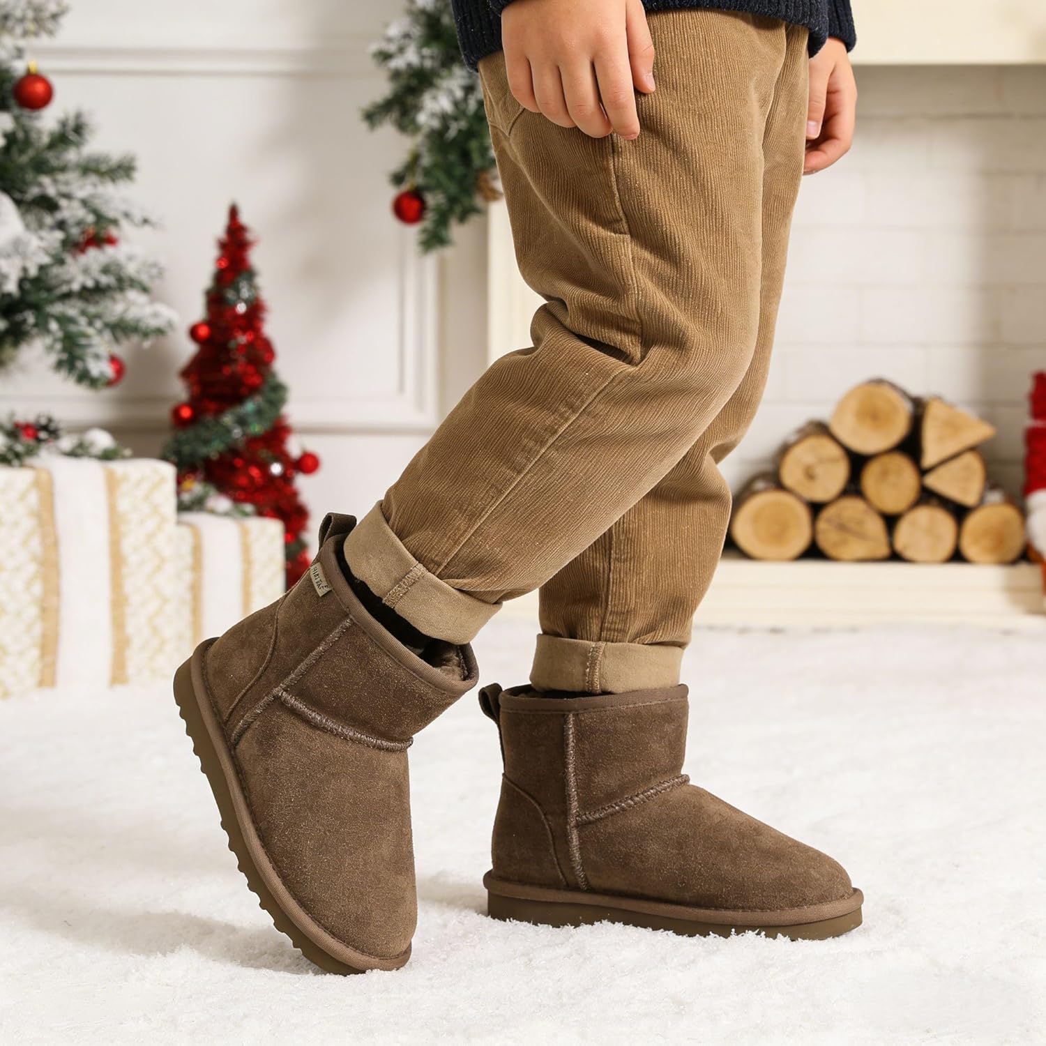 FANTURE Girls Boys Winter Snow Boots for Kids Genuine Cowhide Suede Leather Ankle Boots with Memory Foam Insole Warm Fur Lining and Durable Non-Slip Sole