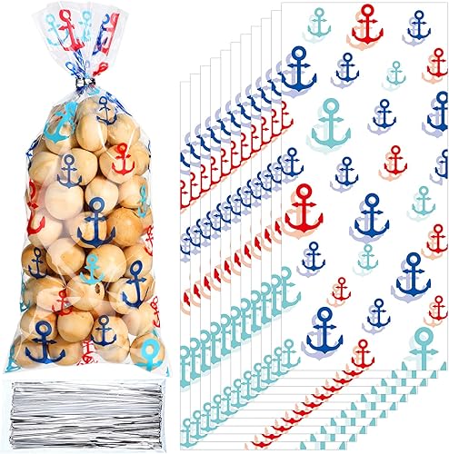 Miniatura 7 de 100 bolsas náuticas para fiestas de anclajes náuticos de celofán con 100 lazos de regalo para decoración náutica de playa (azul, rojo) (azul)