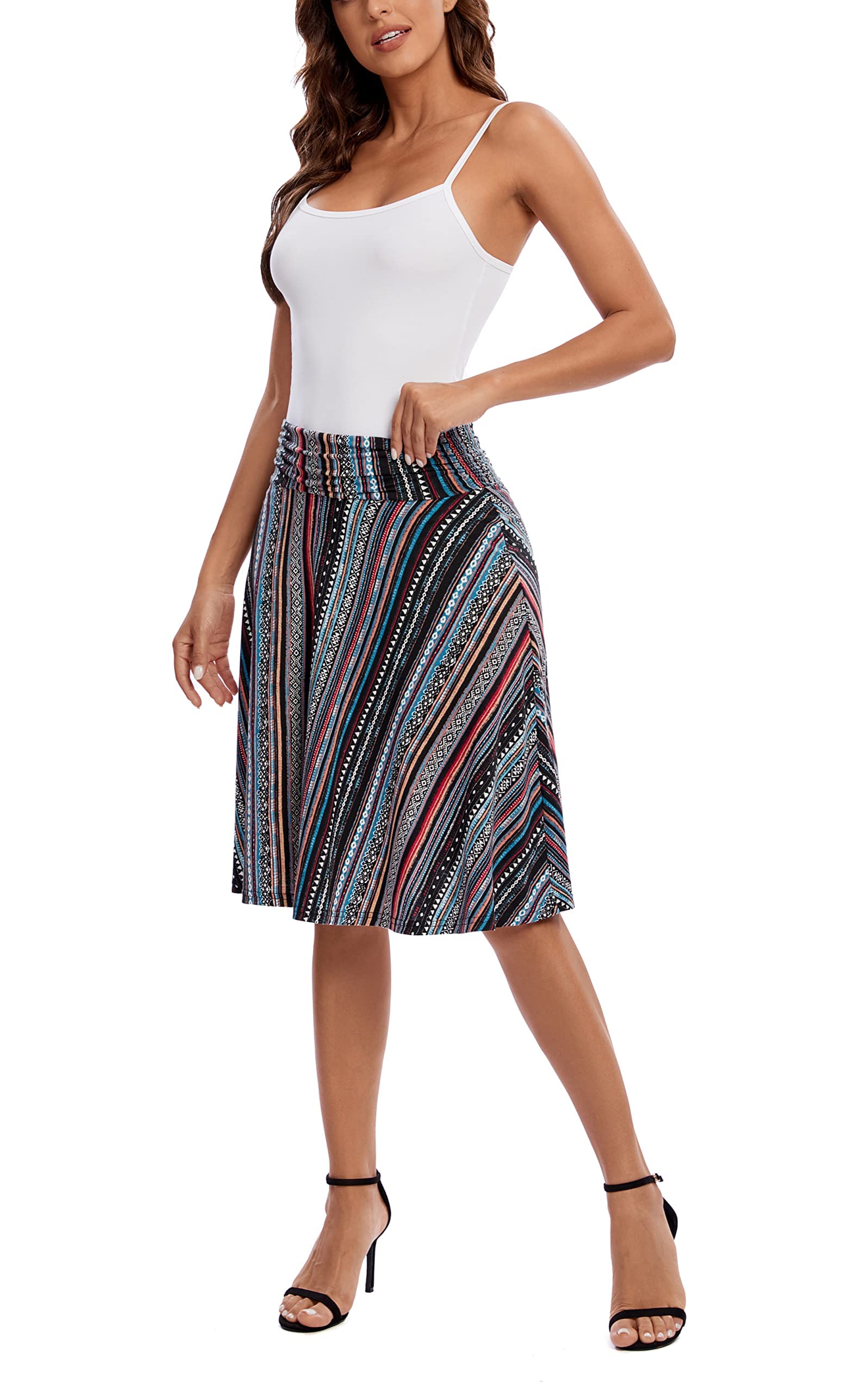 Urban CoCo Jupe évasée froncée en jersey taille haute, longueur genou pour femme, Taille L