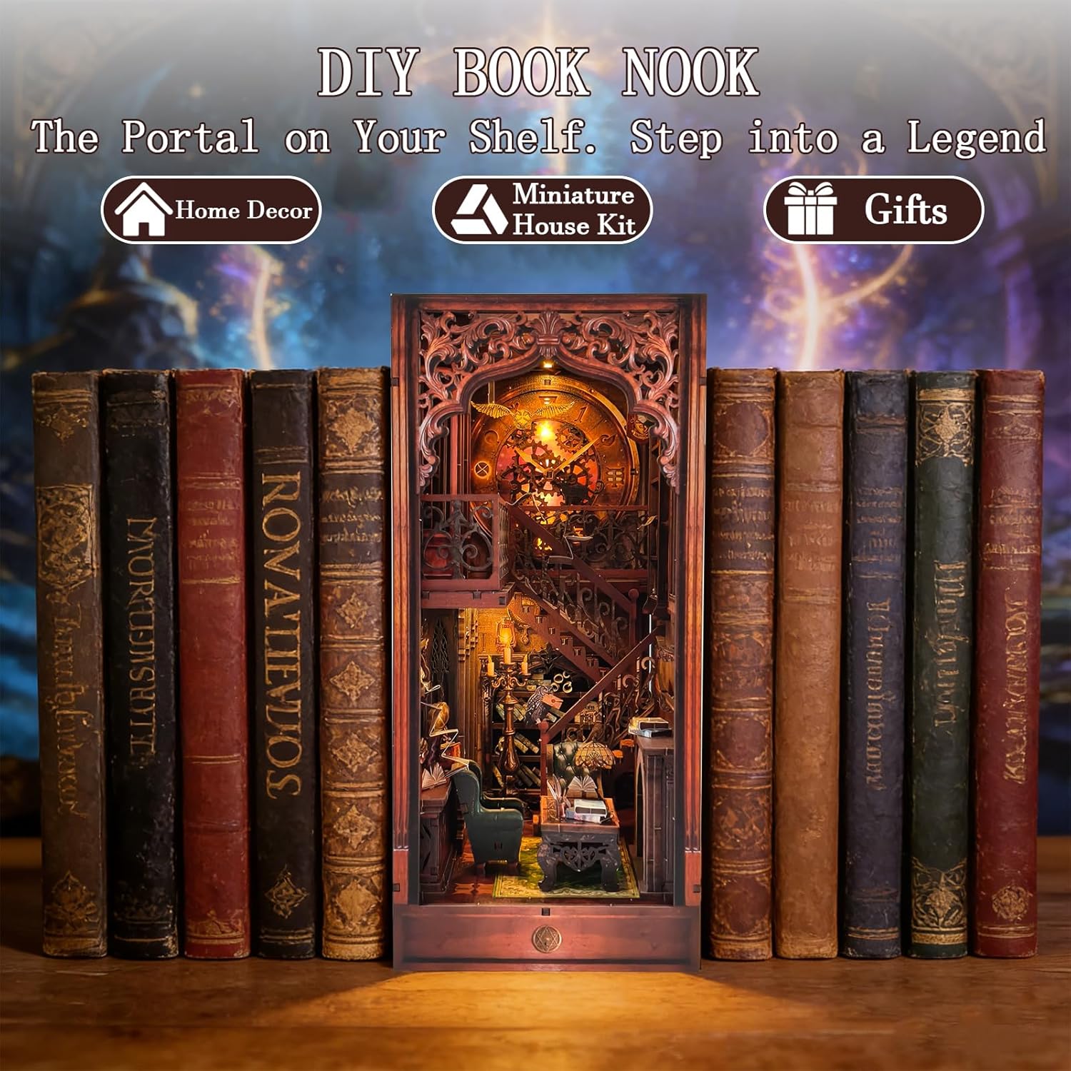 OZJAY Book Nook Kit, 3D Wooden Puzzle for Adults, DIY Miniature House Kit for Bookshelf, 250+ Pieces, Craft Kits for Family Friends Birthday Christmas, Magic Castle Bookstore with LED Lights