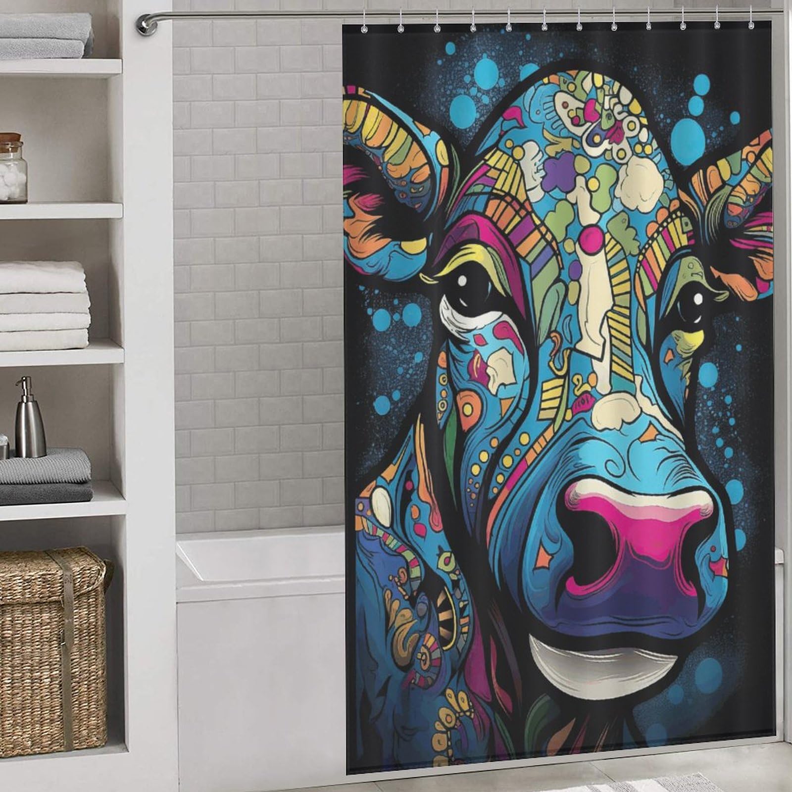 Rideau de bain psychédélique vache 140x183 cm anti-moisissure en tissu avec crochets