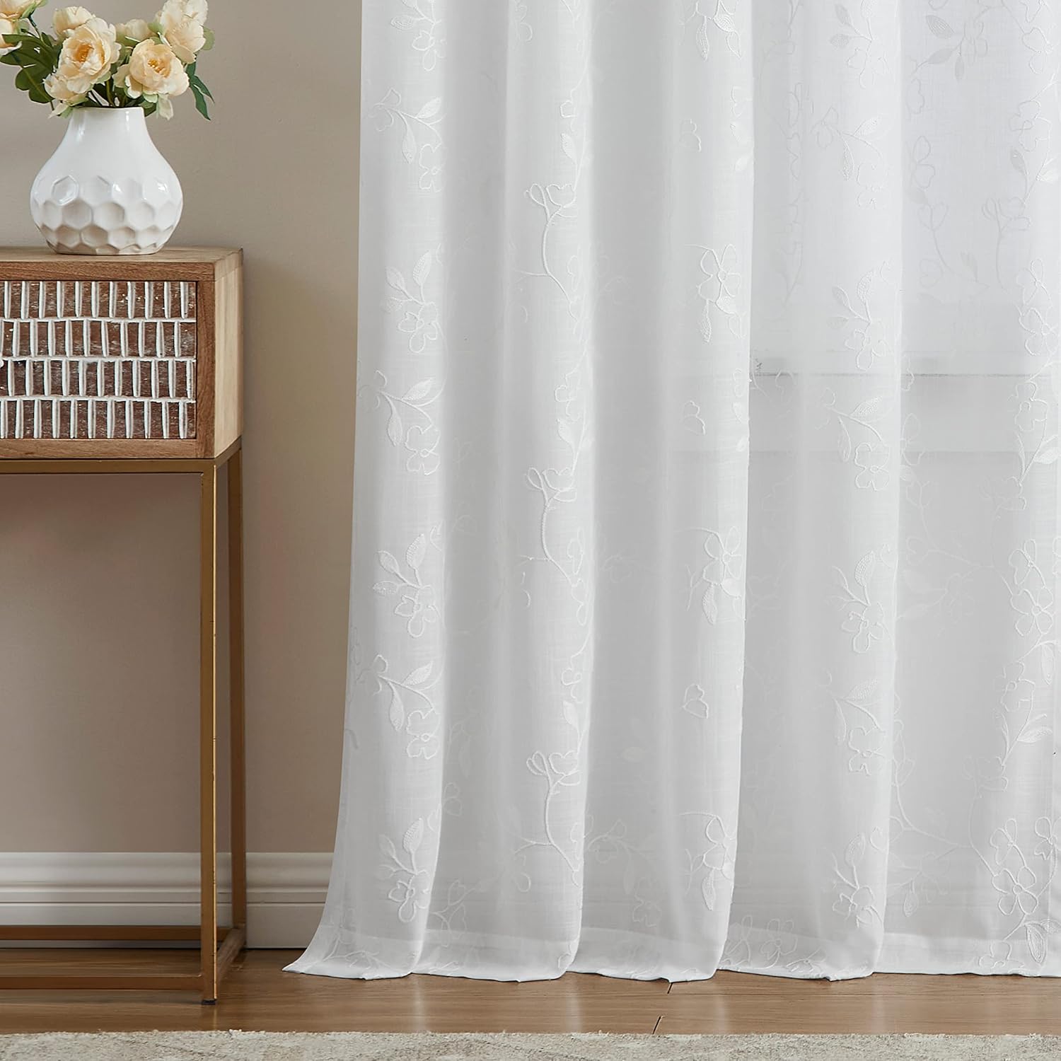 Vision Home Floral White Sheer Curtains 95 inch Embroidery Leaf Patterned Farmhouse Light Filtering Embroidered Window Treatment Set for Living Room Bedroom White Rod Pocket Drapes 2 Panels 52"Wx95"L