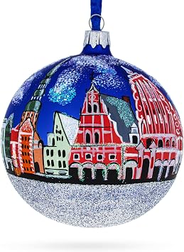 Old City Riga Vecriga, Riga, Latvia Glass Ball Ornament 4 Inches | Hand Painted in Ukraine, German Glass, Italian Paints, Hanging Ribbon, Gift Tag, Gift Boxed