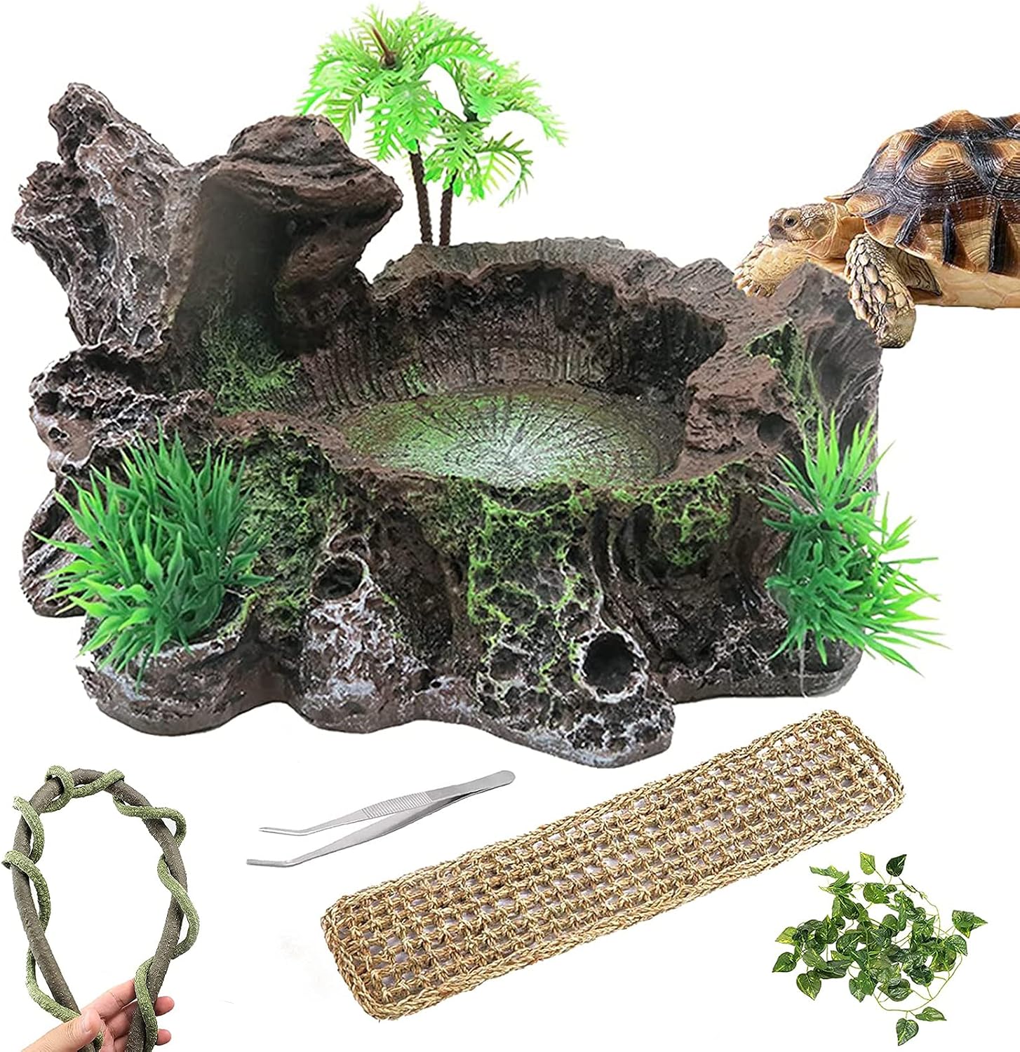 PINVNBY Resin Reptile Platform Lizard Artificial Tree Trunk Food Water Dish Reptile Tank Decor for Lizard Bearded Dragon Tree Frog Snake