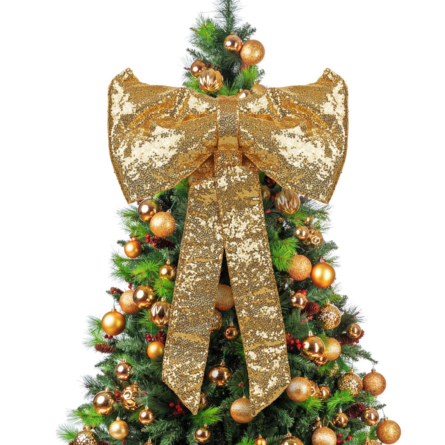 Taylor & Brown Large Gold Christmas Bow 40x70cm – Shiny Sequin Fabric Decorative Bow for Xmas Tree Topper, Front Door & Wreath – Luxury Festive Gold Bow Decoration