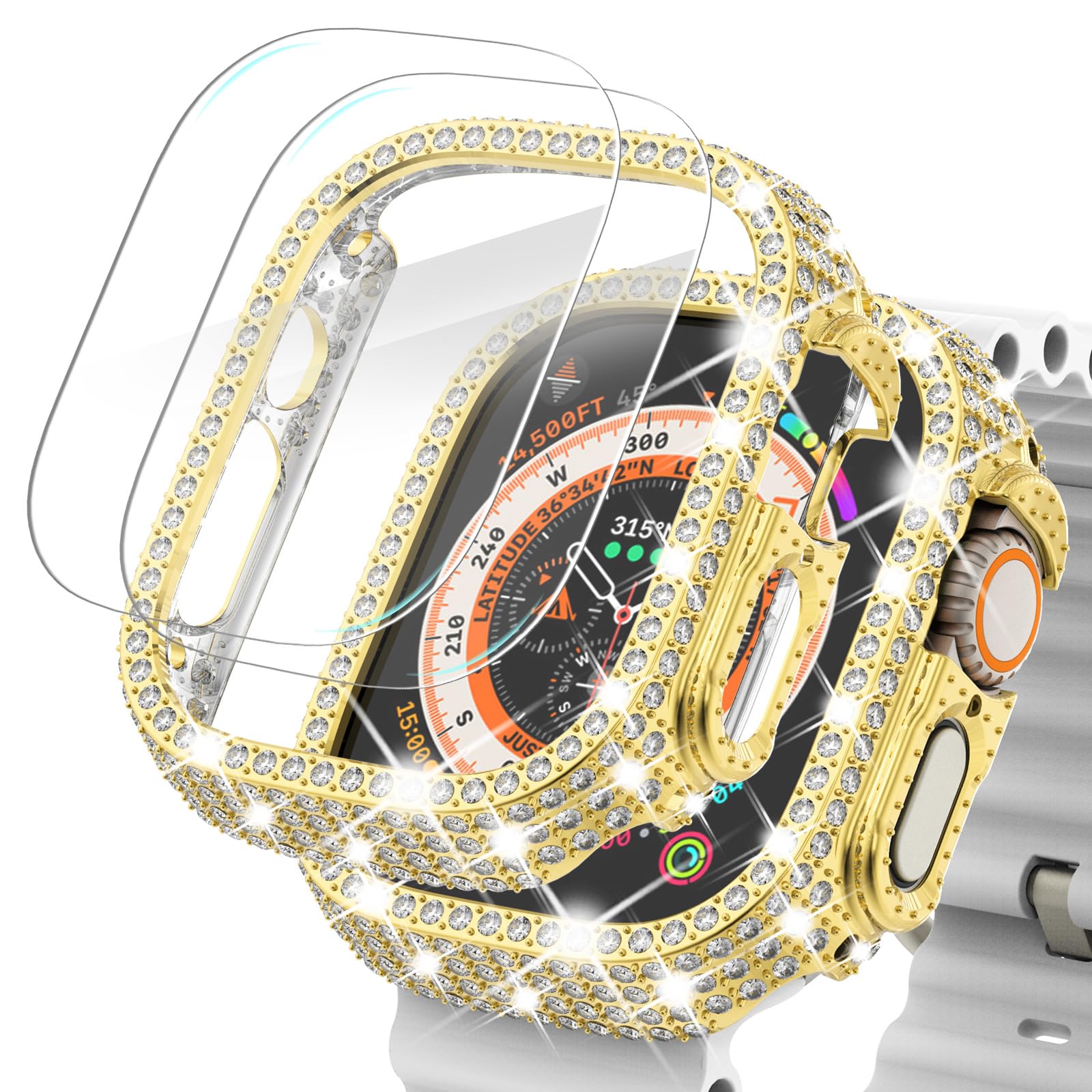 Photo 1 of [2+1] Surace Compatible with Apple Watch Ultra 49mm Screen Protector Case, 400 Diamonds with Screen Protector Bling Case Tempered Glass Protective Cover for Apple Watch Ultra 3/2/1 49mm, Gold
