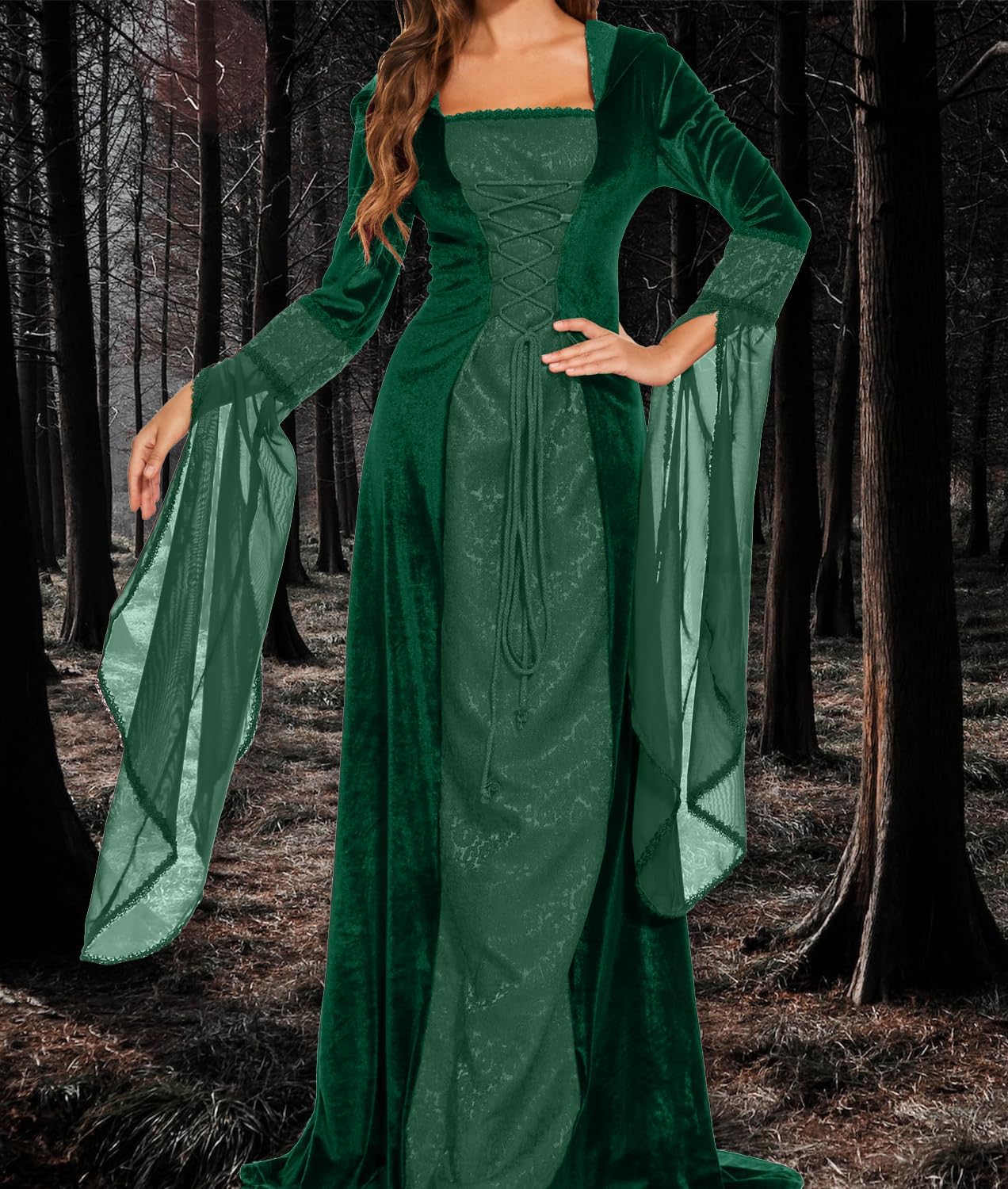 BITSEACOCO Women Deluxe Witch Dress Costume, Vintage Embroidered Renaissance Gothic Hooded Vampire Gown Dress Cosplay - Image 2