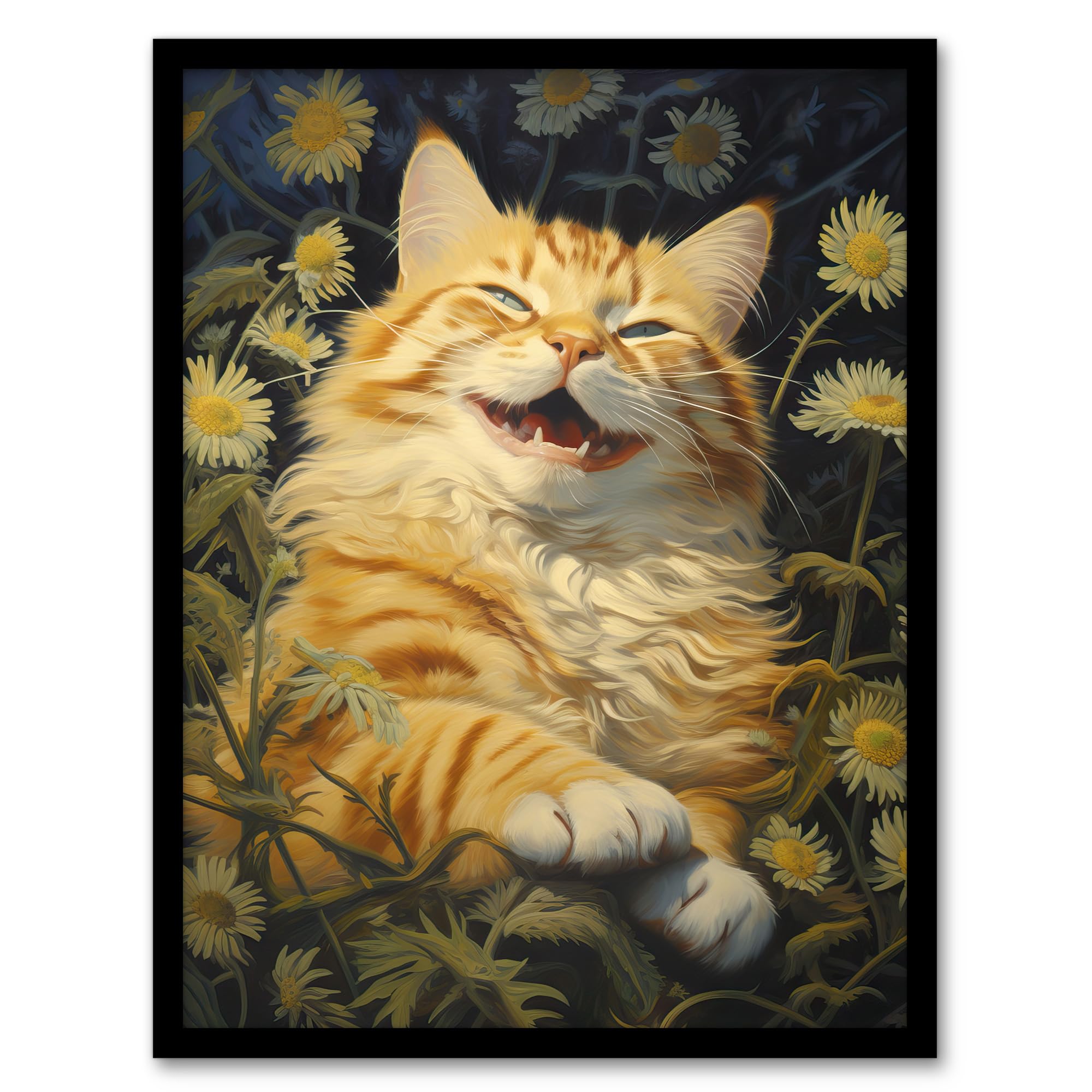 Artery8 Contented Grinning Ginger Cat Wildflower Meadow Oil Painting Artwork Framed Wall Art Print A4
