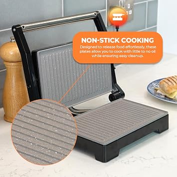 Schallen Panini Grill Press, 2 Slice Sandwich Panini Press & Toastie Maker Machine | Stainless Steel Kitchen Appliance with Non Stick Hot Plates, Cool Touch Handle, 1000W, Black & Silver