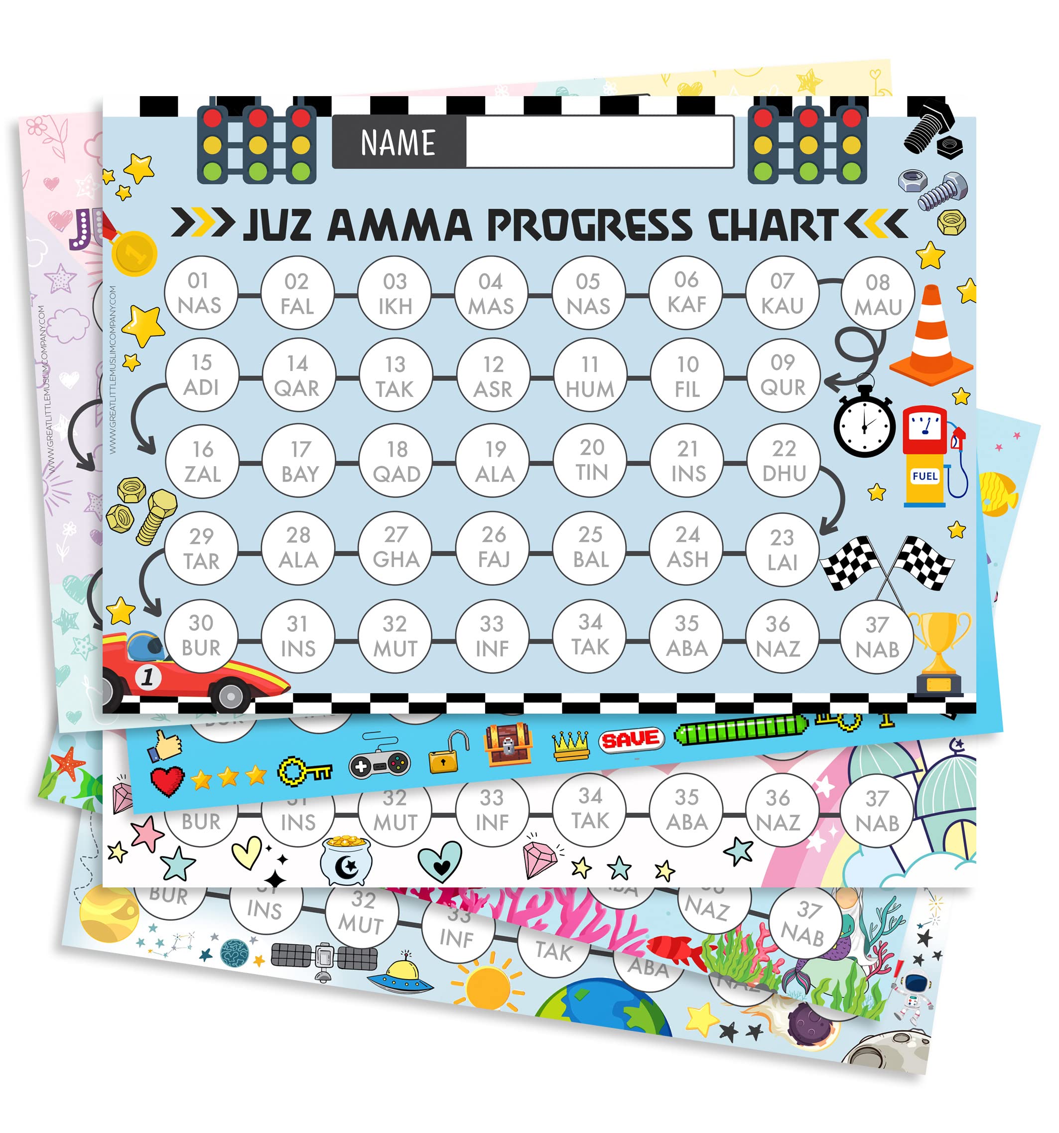 GLMCo - Juz Amma Progress Chart A4 for Children, Reusable Quran Memorisation Tracker, Juz 30 Hifdh Chart, Muslim Child Islamic Gift UK