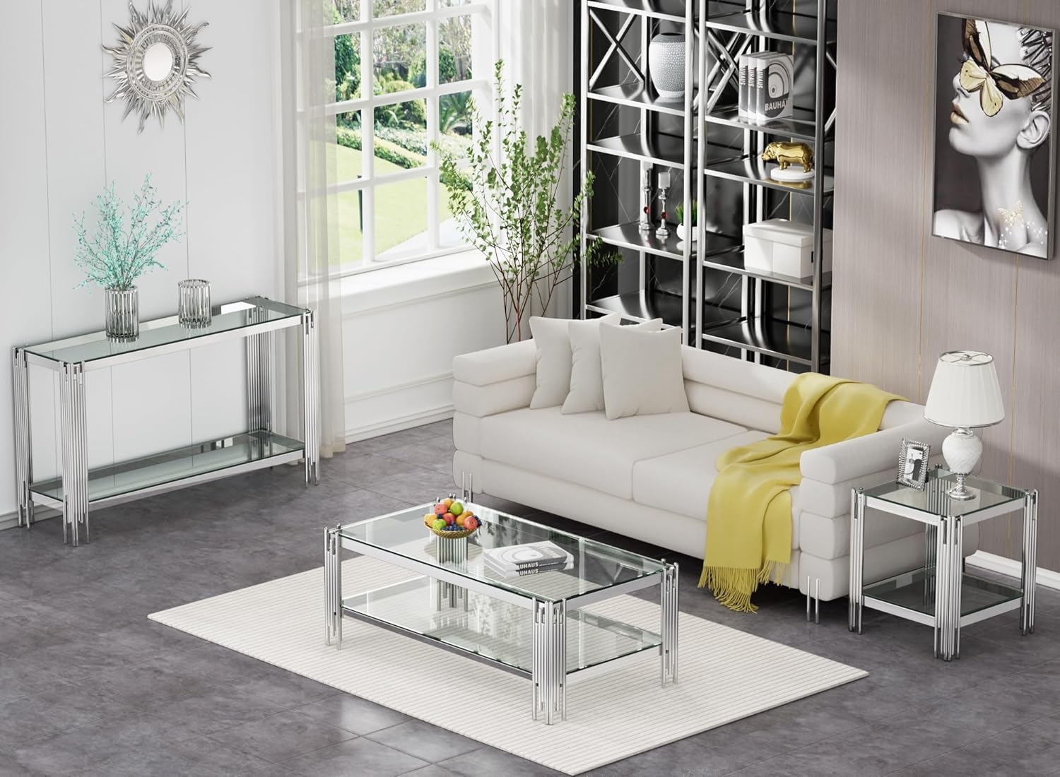 Rectangle Glass Coffee Table,Modern 2-Layer Center Tables,47'' Accent Cocktail Table with Mirror Finished Stainless Steel Frame for Living Room Office Hotel (Silver)