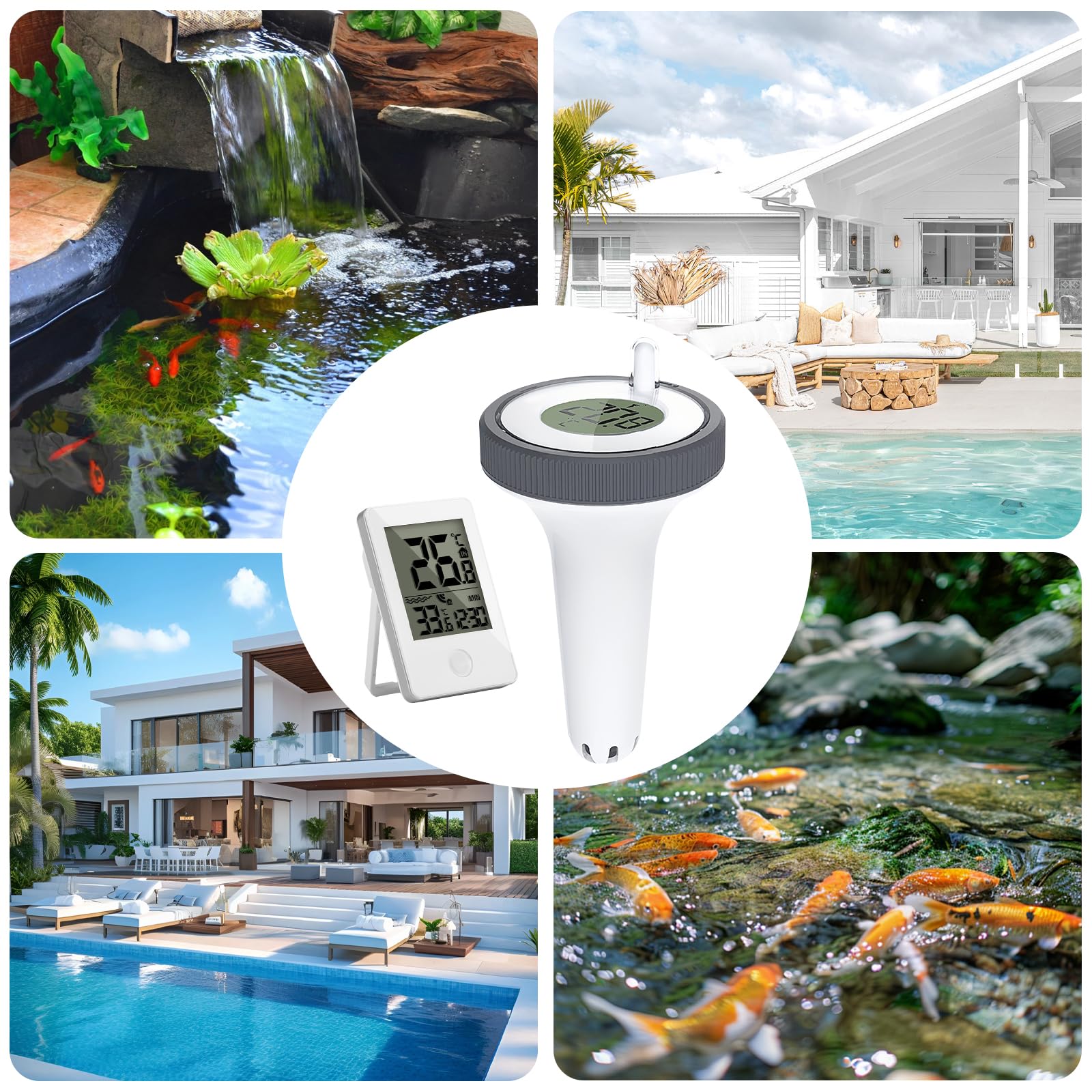 Thermomètre numérique de piscine sans fil : thermomètre flottant avec moniteur de température intérieure, thermomètre de natation pour piscines, aquarium, baignoire, étang, installation