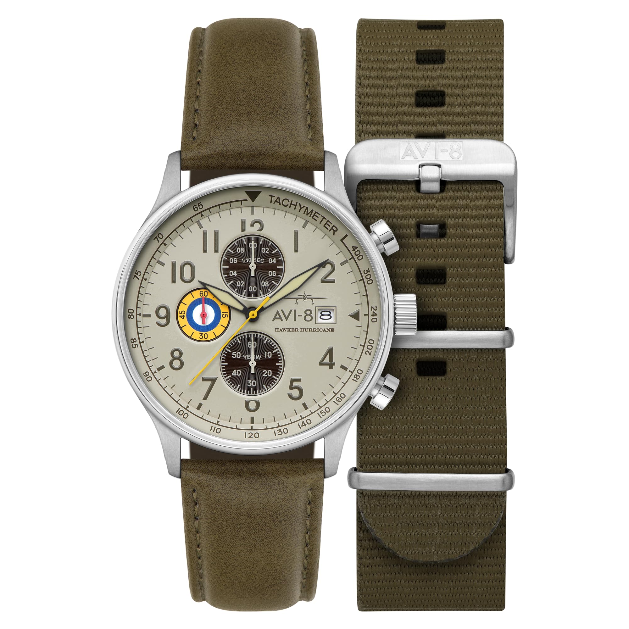 AVI-8 Hawker Hurricane Mens Pilot Watch Classic Chronograph Japanese Quartz Movement 43 5mm Stainless Steel Case Leather Strap