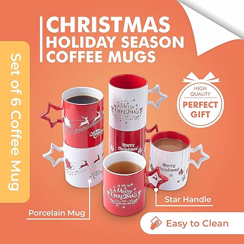 Miniatura 5 de Bruntmor Juego de 6 tazas de café divertidas de Navidad rojas y blancas con mango de estrella, tazas de Navidad de gran tamaño de 14 onzas, tazas de