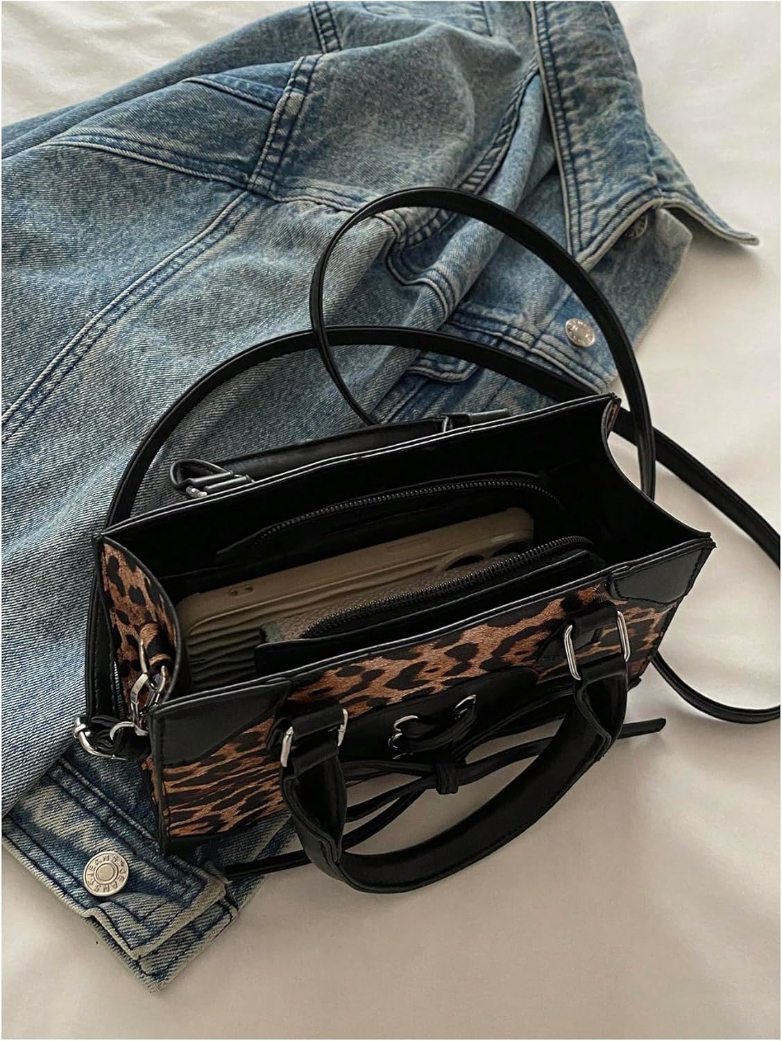 QWINEE Women's Leopard Print Top Handle Satchel Clutch Purse Bowknot Cheetah Square Handbag Crossbody Bag - Image 6