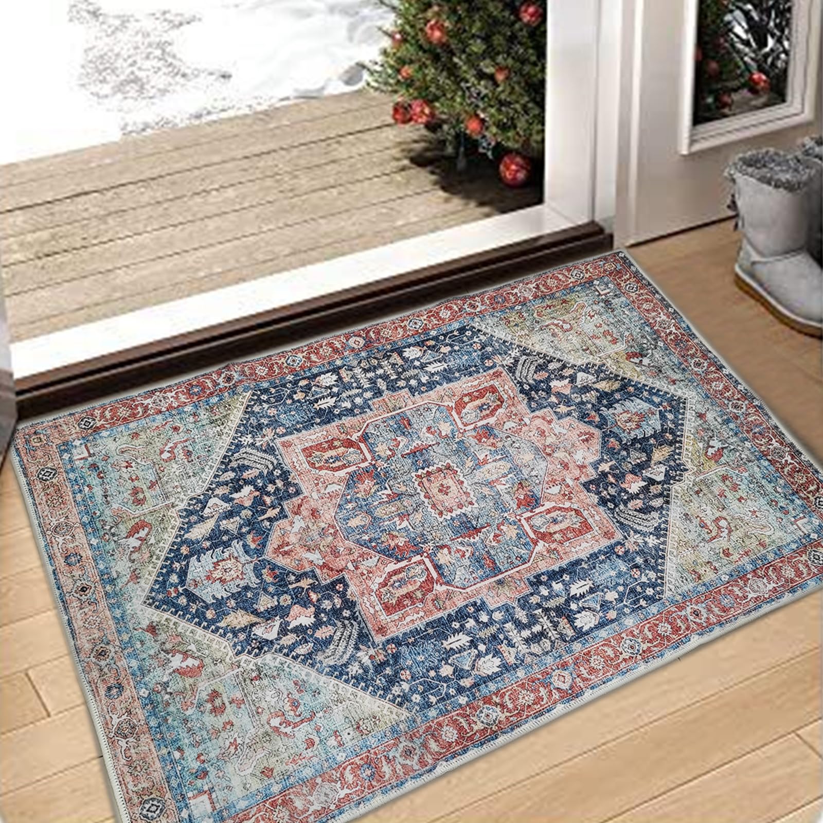 YRXRUS2x3 Ft Entryway Rugs, Boho Door Mat, Small Area Rugs, Bohemian Rug, Vintage Moroccan Decor for Bed, Living Room, Blue-Green Mats, Non-Slip Washable Rug, Gift Carpet