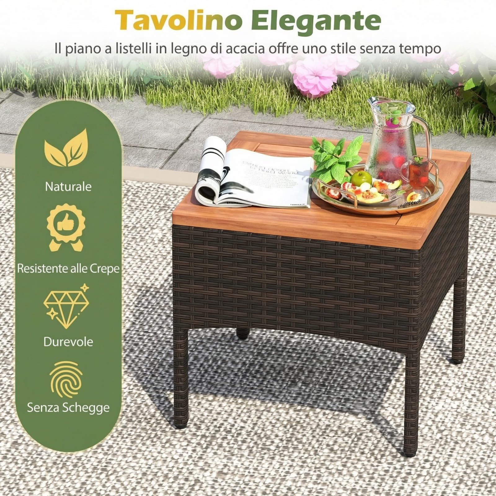 SOARS Salotto da Giardino in Rattan PE, Salottino da Esterno 3 Pz, 2 Poltrone con Braccioli e Schienale, 1 Tavolino con Piano in Legno Massello, per Terrazzo, Balcone, Patio (Marrone+Beige)