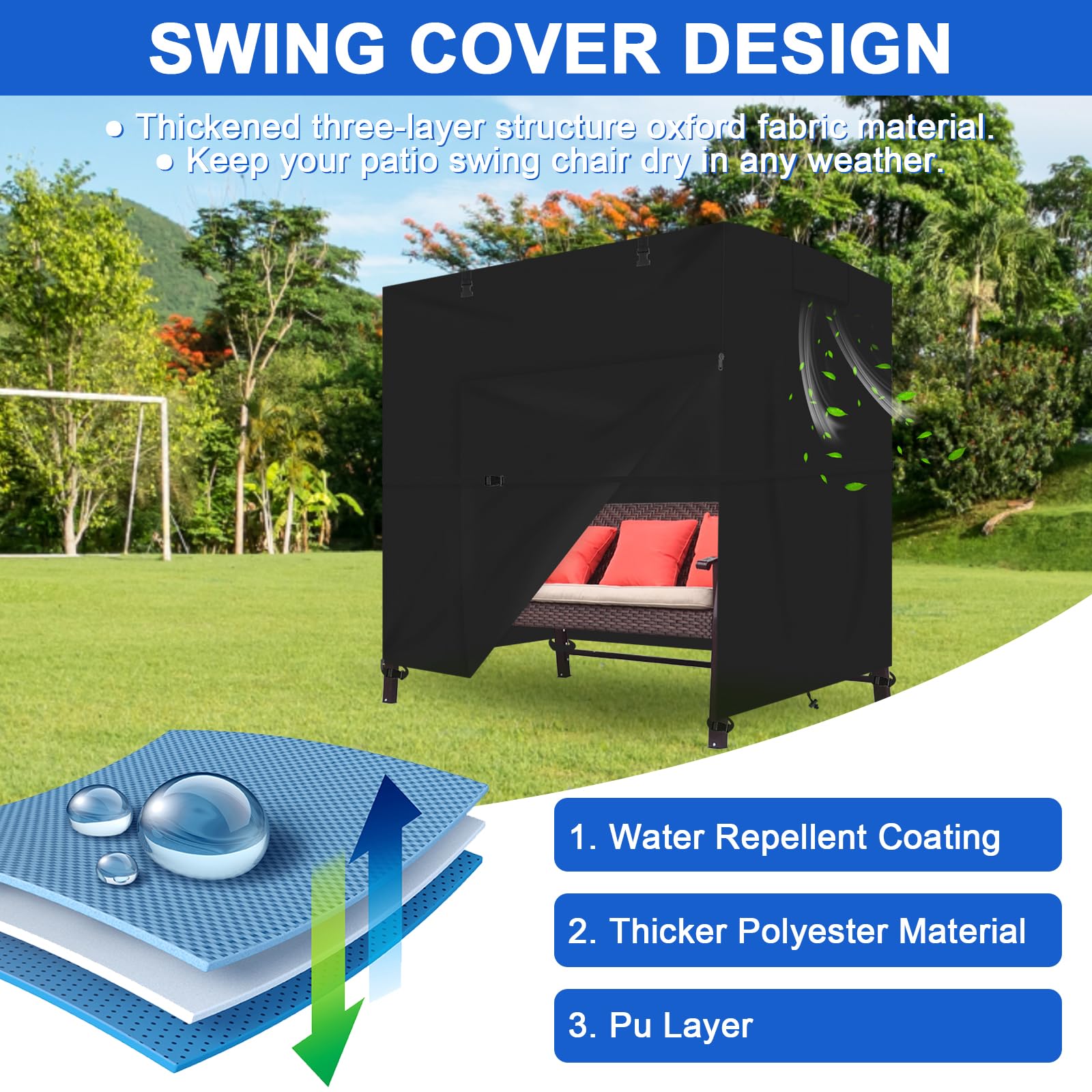 Funda columpio jardin exterior,funda protectora impermeable Oxford 600D para columpio de jardín de 3 a 4 plazas,Resistente al desgarro, con cremallera y correas (254*150*183CM)