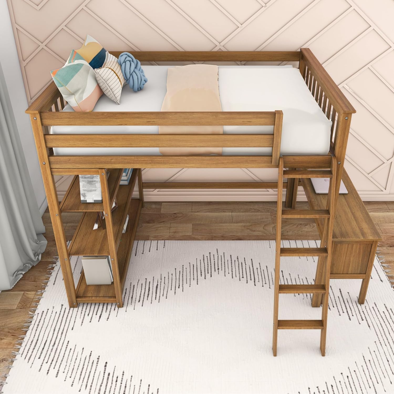 Max & Lily Full Size High Loft Bed with Desk and Bookcase, Pecan, Solid Wood Modern Bed Frame for Kids/Teens, Pine, Non-Toxic Finish, 400 lb. Weight Capacity, Easy Assembly