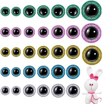 150 Pcs Large Safety Eyes for Crochet Amigurumi Safety Eyes 12/16/20 mm Glitter Stuffed Animal Eyeball Colorful Crochet Accessories for Puppet Bear Doll MakingGreen, Pink, Blue, Silver, Golden