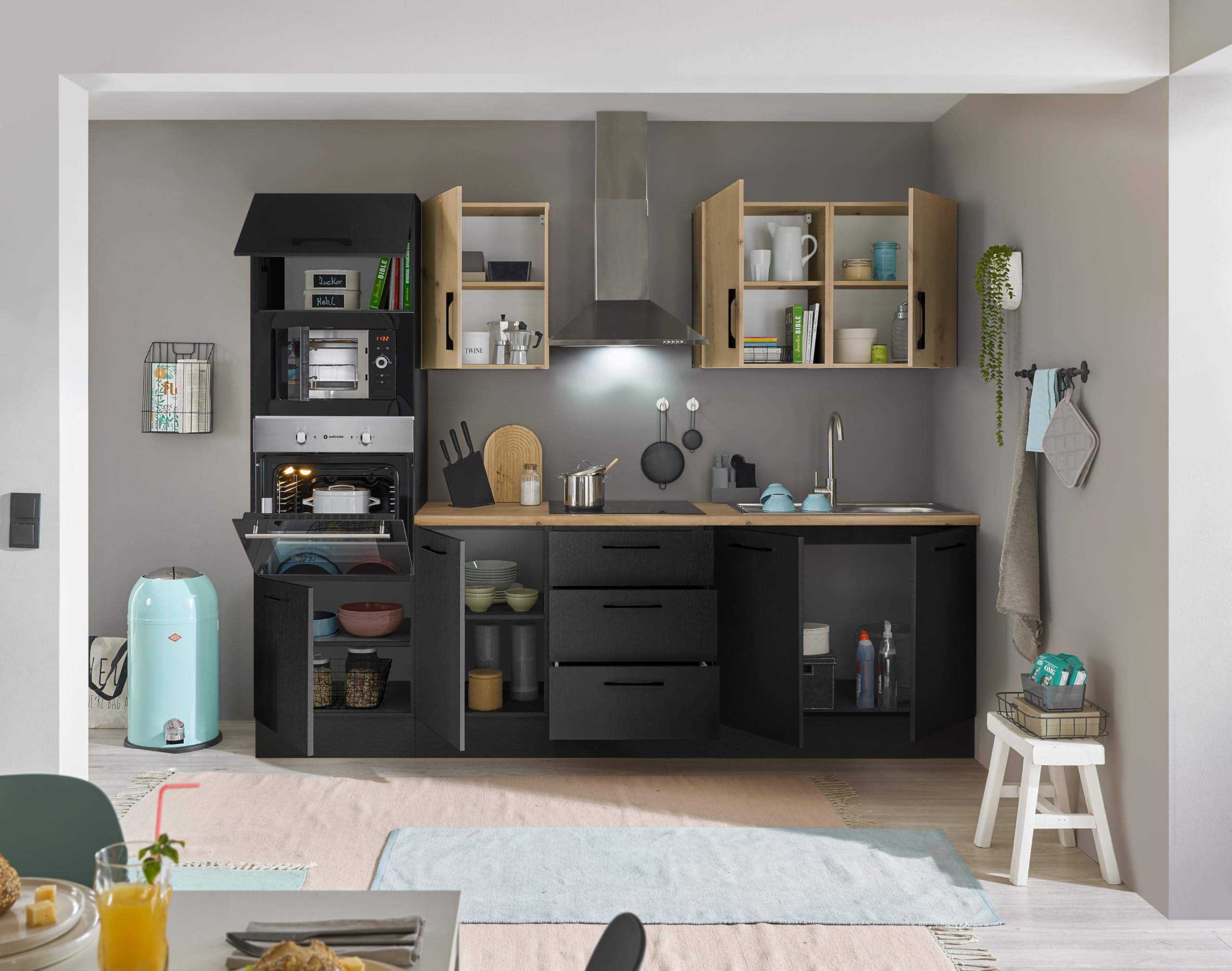 Stella Trading Turin ZBM Küchenzeile 270 x 211 x 60 cm, schwarz - Ohne Küchengeräte - Moderne, geräumige Küche in Artisan-Eiche Optik mit viel Stauraum