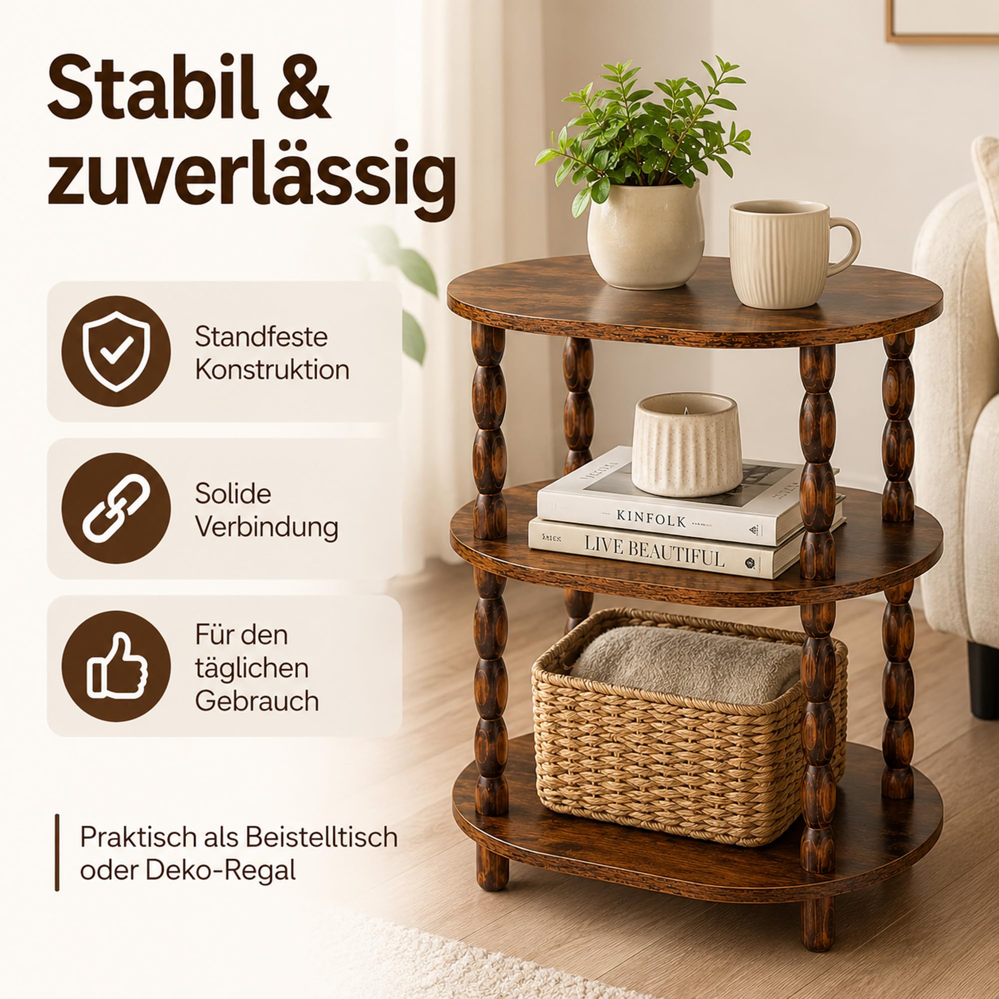 Beistelltisch 3 Ebenen, Oval, Klein, Vintage, Rustikales Braun | Nachttisch, Couchtisch mit Massivholzbeinen, Für Wohnzimmer & Schlafzimmer, 30 x 40 x 57 cm
