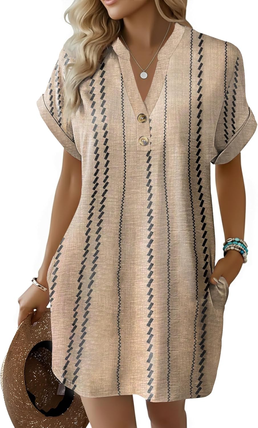Kipfall button V neck striped dress for trendy summer outfits