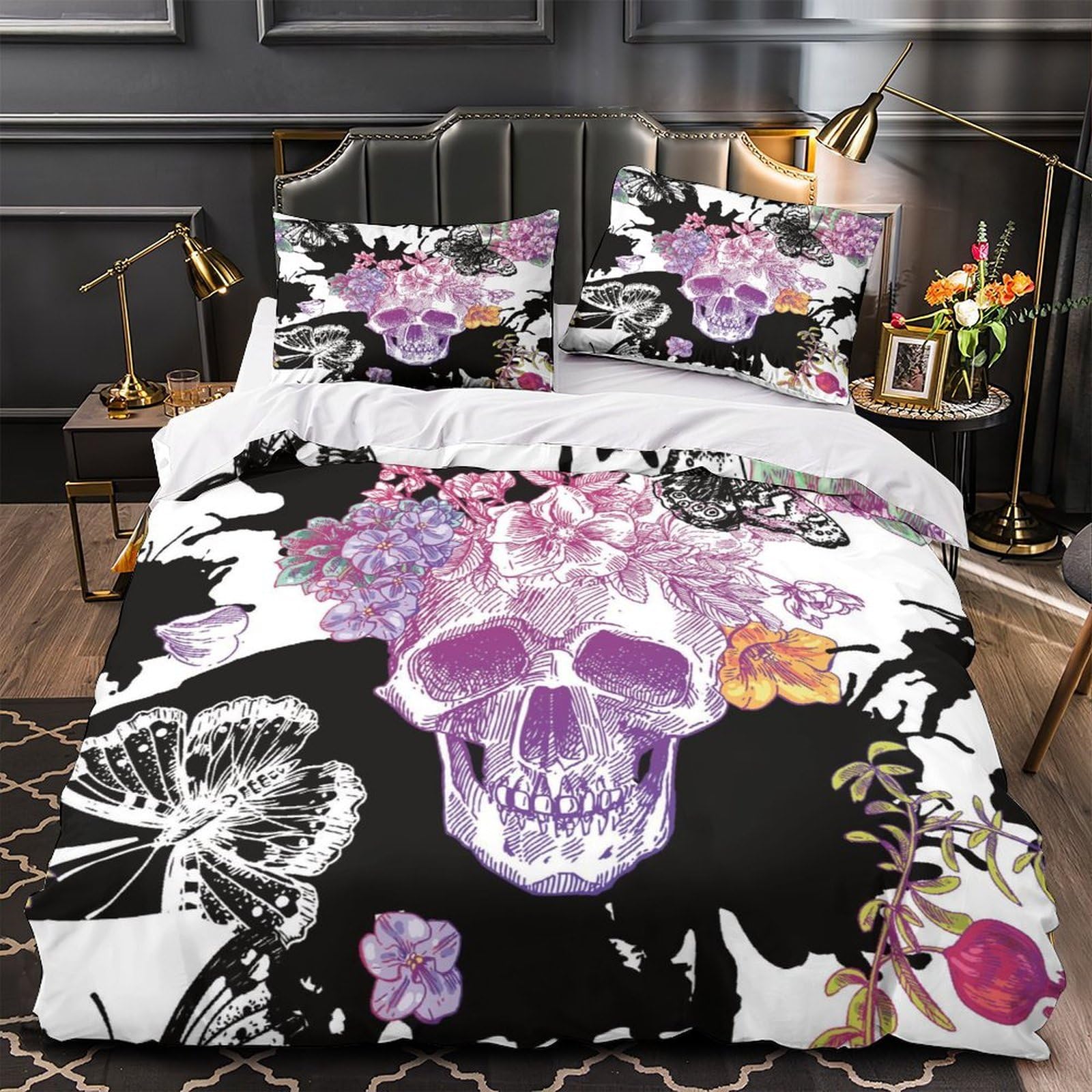 Parure de Couette Crâne Fleurie en Microfibre Premium Finition Zippée