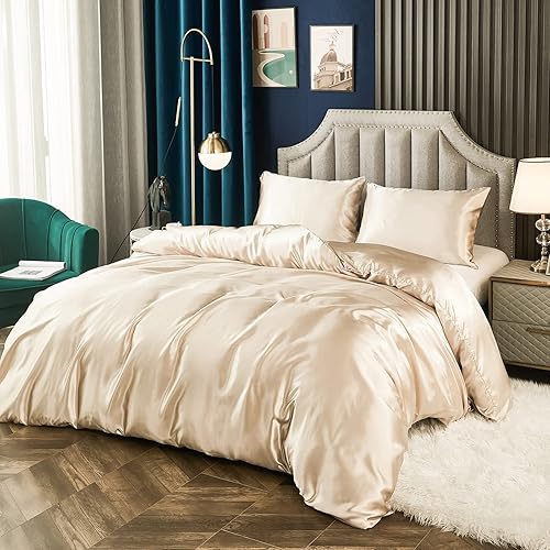 Juego de funda de edredón de satén similar a la seda, funda de edredón de microfibra sedosa, juego de ropa de cama sedosa, tamaño Queen, 1 funda de