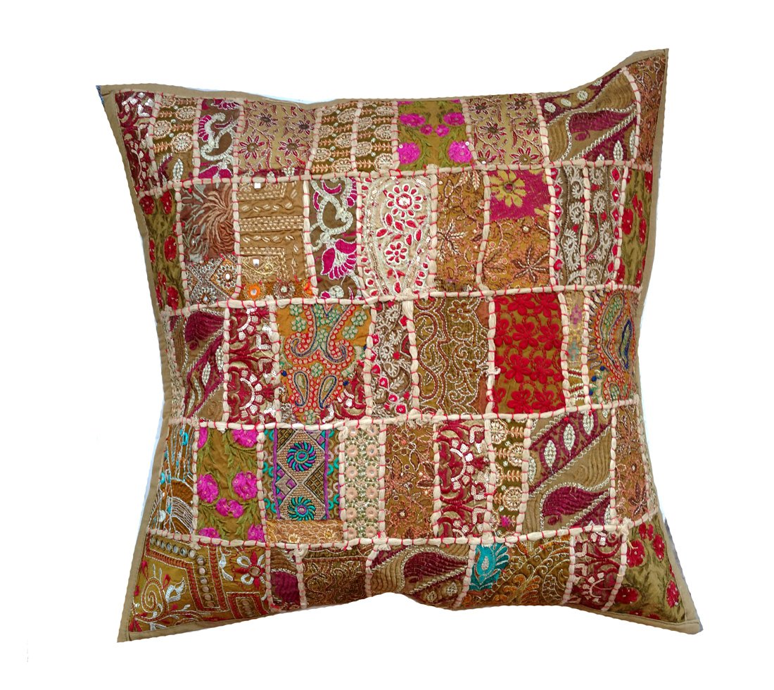 Rastogi Handicrafts - Federa per cuscino con motivo floreale, multicolore, sari patchwork, etnico indiano, grande, design quadrato, colore: cream)