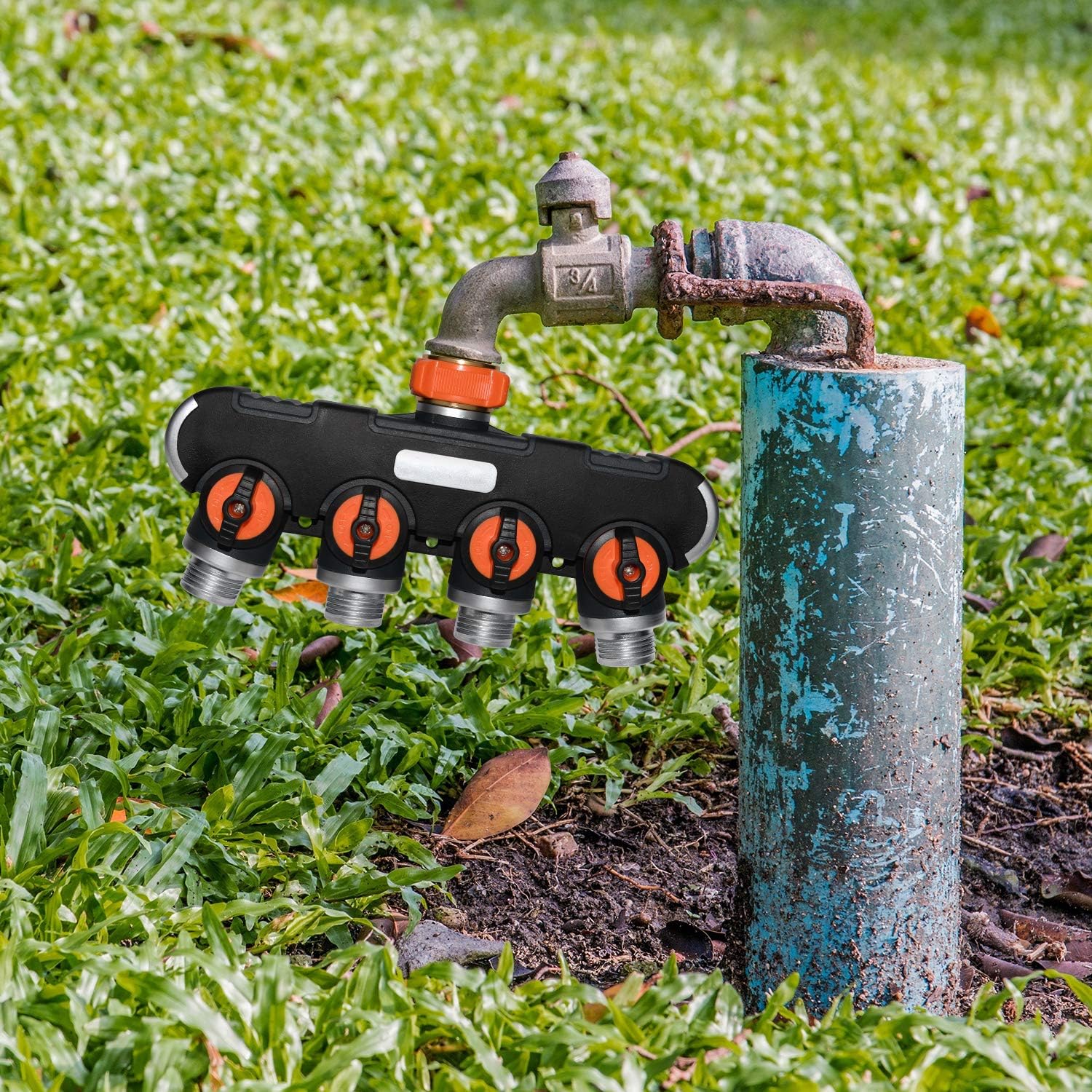 TechKen Garden Hose Connector Splitter, Solid Heavy Duty Brass Metal Body Rubberized Grip Water Shut Off Valves for Irrigation System (4 Way)