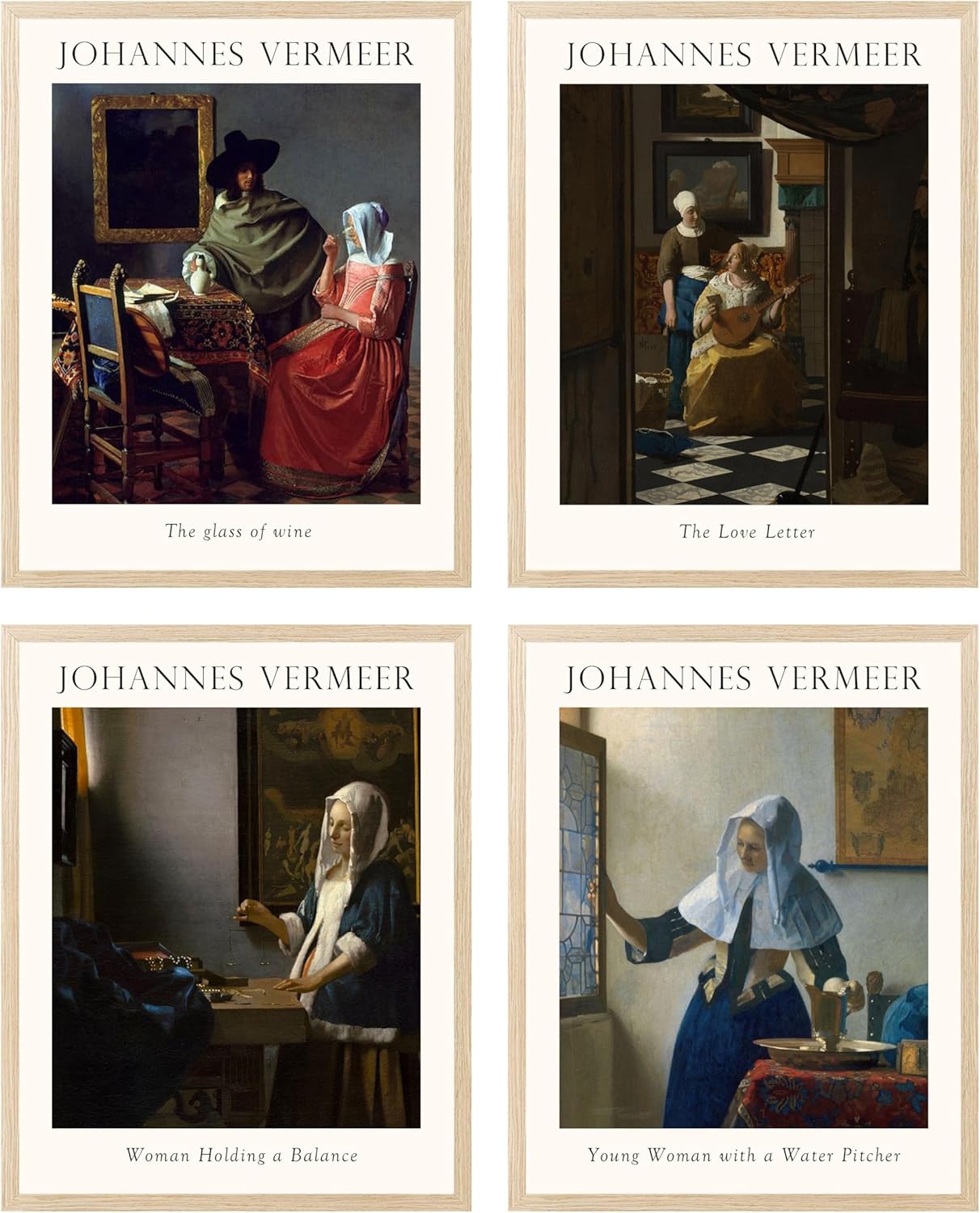 Set of 4 Baroque Art Framed Prints - 12x16 Wall Art Posters Reproduction Johannes Vermeer Artwork Wall Decor for Bathroom Living Room- Retro Famous Paintings Pictures