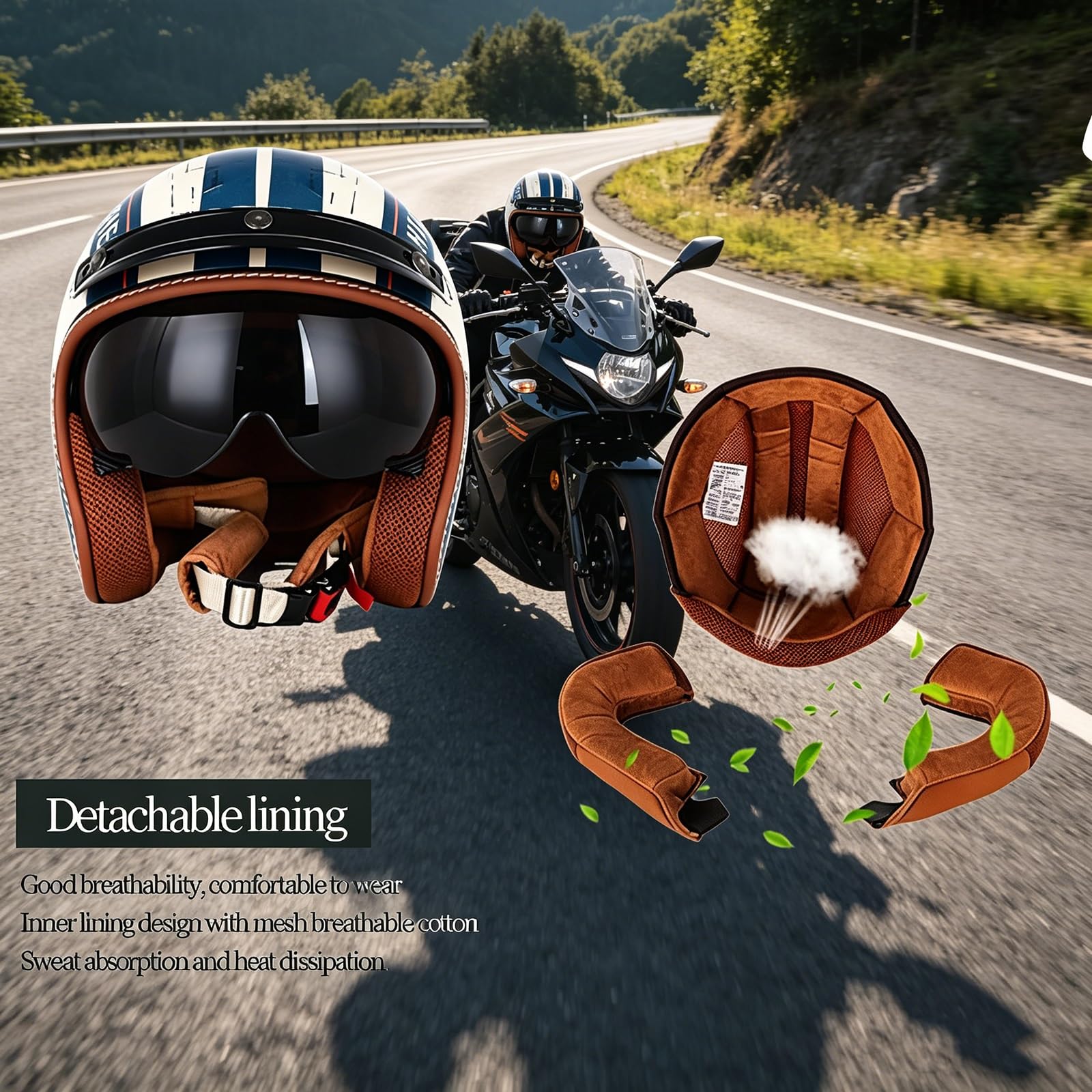 Otwarty kask 3/4 o niskim profilu, kask jet z wbudowaną wizjerą słoneczną, certyfikat ECE/DOT dopuszczony do ruchu drogowego, dla skuterów, rowerów i cruiserów