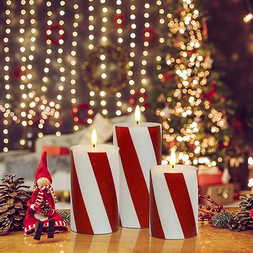 Miniatura 7 de Velas parpadeantes de Navidad sin llama con rayas rojas con purpurina, pilar de cera real, velas eléctricas LED con temporizador remoto para