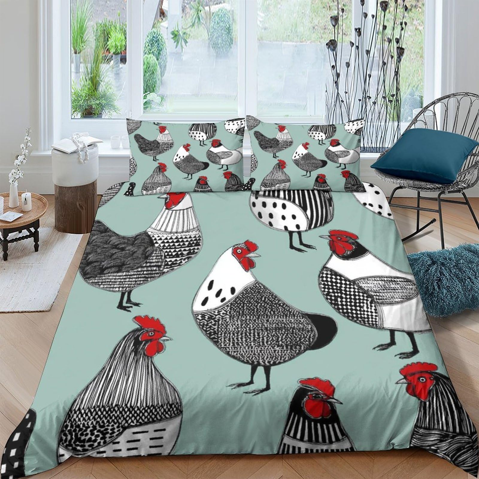 Ctjqhvkz Style-8 3D Printed Chicken Farm Fitted Sheet Microfiber Soft Green Rooster Mattress Cover Anti-Slip Washable For Bedroom Guest Room Decor Single（135X200cm）
