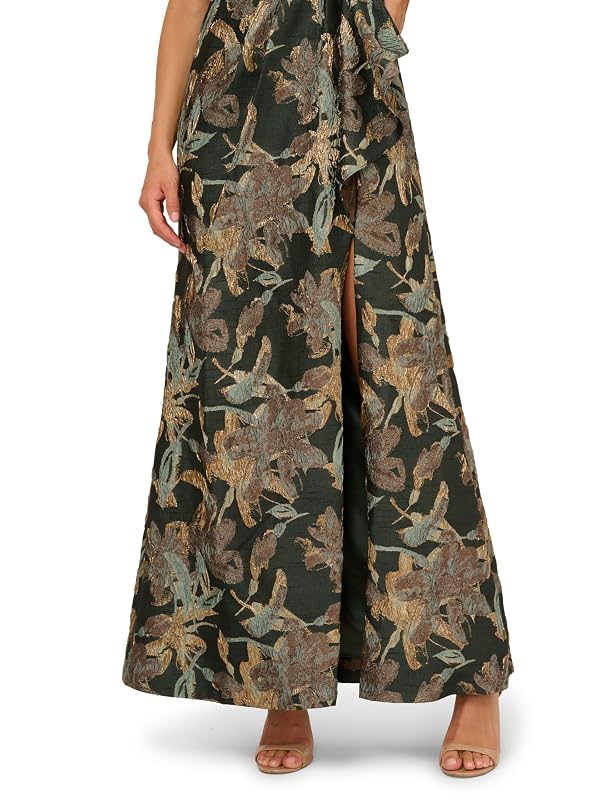 Adrianna Papell Women's One Shoulder Floral Jacquard Gown with Side Slit, 4, Green/Gold by Adrianna Papell - Used condition - Image 4