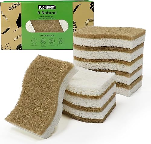 Paquete de 9 esponjas de cocina naturales biodegradables  Esponja compostable de celulosa y nuez de coco  Esponjas ecológicas sostenibles para platos