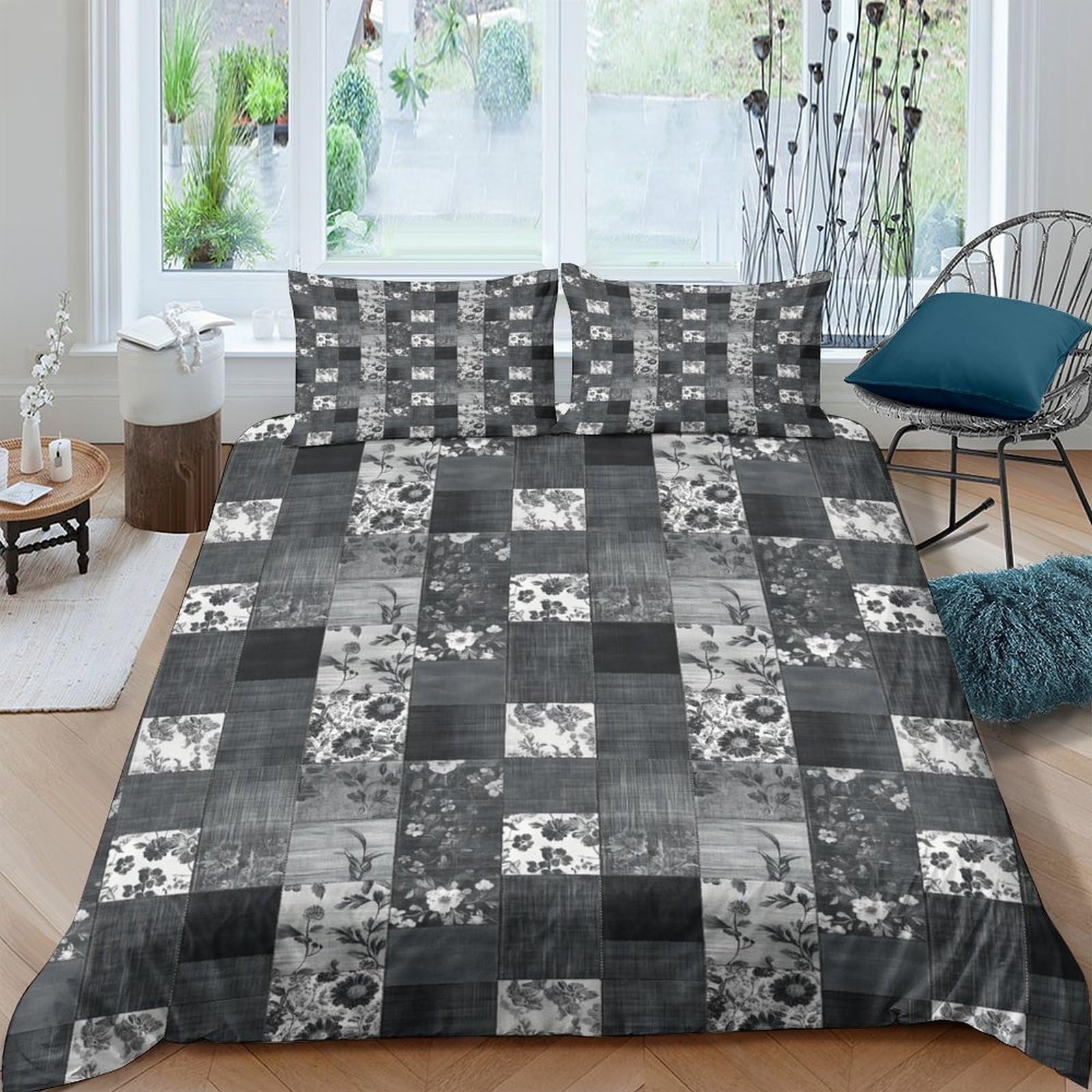 GPLZQXKJNH 3D Printed Grey Patchwork Duvet Cover Microfiber Soft Breathable Floral Geometric Bedding Set with 2 Pillowcases for Bedroom Apartment Single（135x200cm）