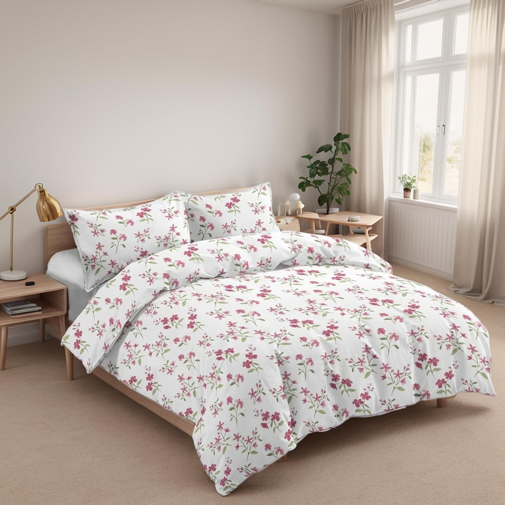 Juego de Funda Nórdica 4 Piezas Cama 135 Microfibra Suave Transpirable - 1 Funda Edredón 220x220 cm, 1 Bajera 135x200+28 cm y 2 Fundas de Almohada 50x75 cm (Florecitas)