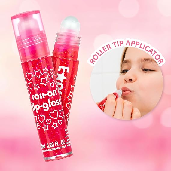 8pc Roller-Ball Glitter Lip Gloss Set,Assorted Fruit Girls & Teens | Flavored Roll On Rollerball Lip Gloss for Kids, Safe, Non Toxic Kids Makeup Set