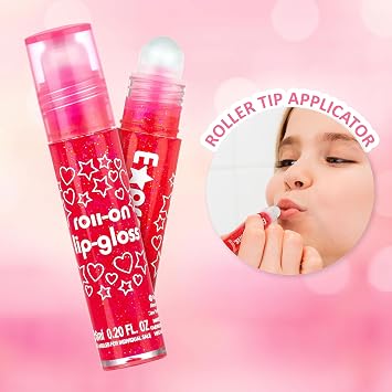 8pc Roller-Ball Glitter Lip Gloss Set,Assorted Fruit Girls & Teens | Flavored Roll On Rollerball Lip Gloss for Kids, Safe, Non Toxic Kids Makeup Set
