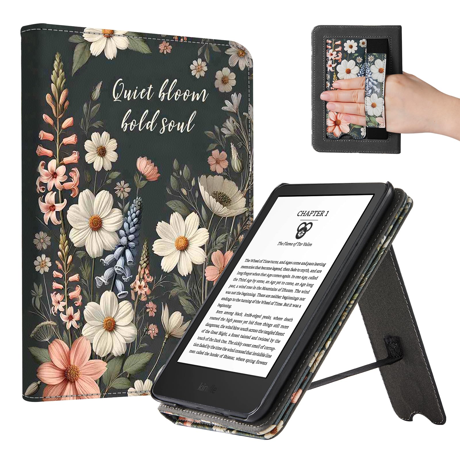 CoBak Case for 6" E-Reader - PU Leather Smart Cover with Auto Sleep/Wake &amp; Hand Strap, not Compatible with Kobo Clara,Quiet Bloom