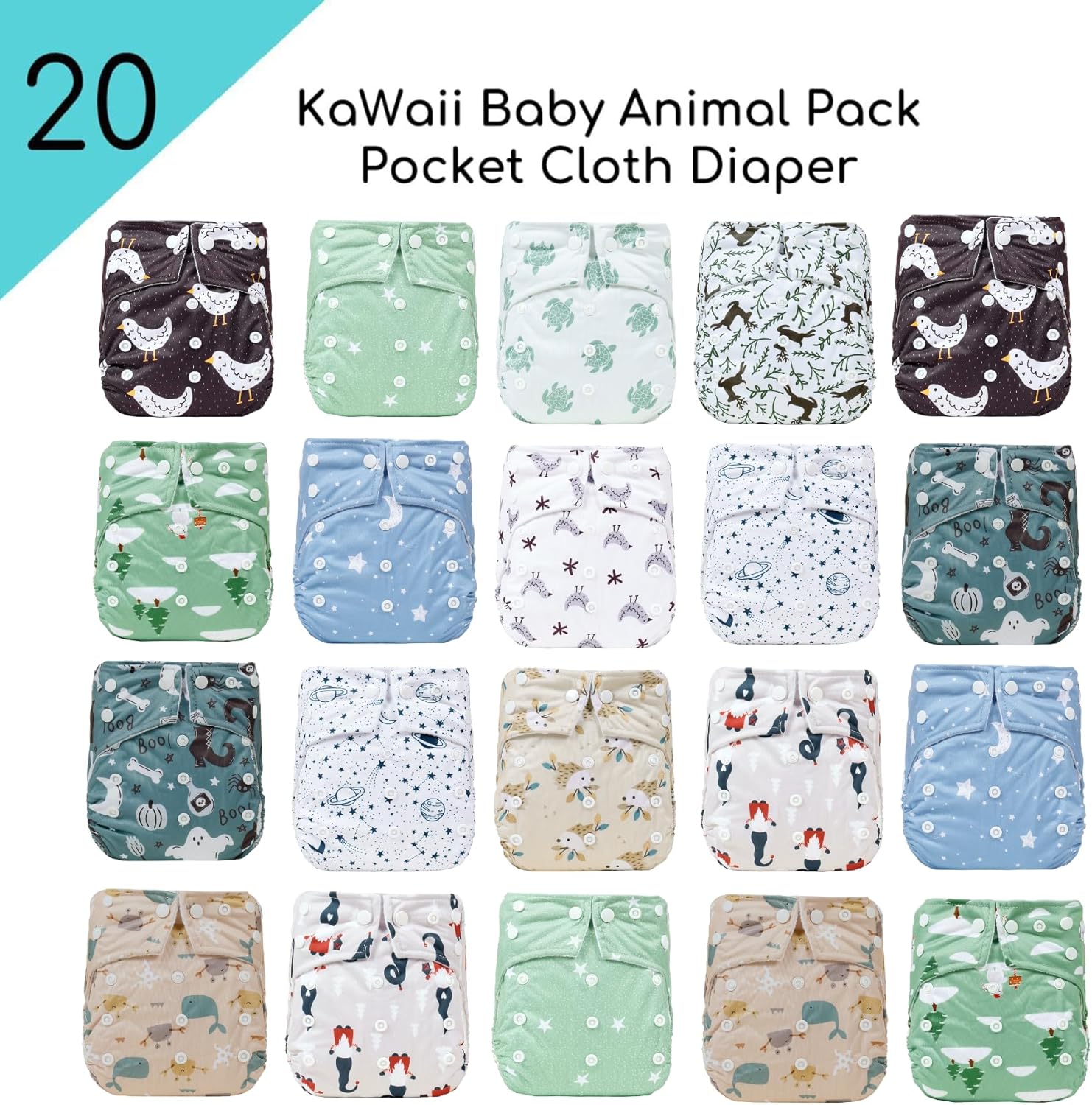 KaWaii Baby One Size Pocket Cloth Diaper Shells, Washable, Reusable, Adjustable, Leakproof, Newborn to Toddler 8-36 lbs Animal Learning Bundle, Pack of 20
