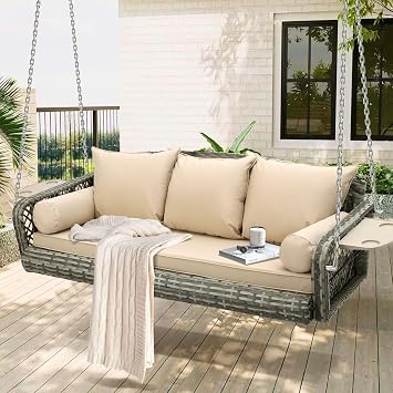 MAGIC UNION 3-Person Hanging Porch Swing Wicker, Outdoor Rattan Swing Bench W/ 3 Back Cushions and Seat Cushion, Sturdy Steel Chain for Patio Deck, Backyard, Garden Gray Rattan Beige Cushion