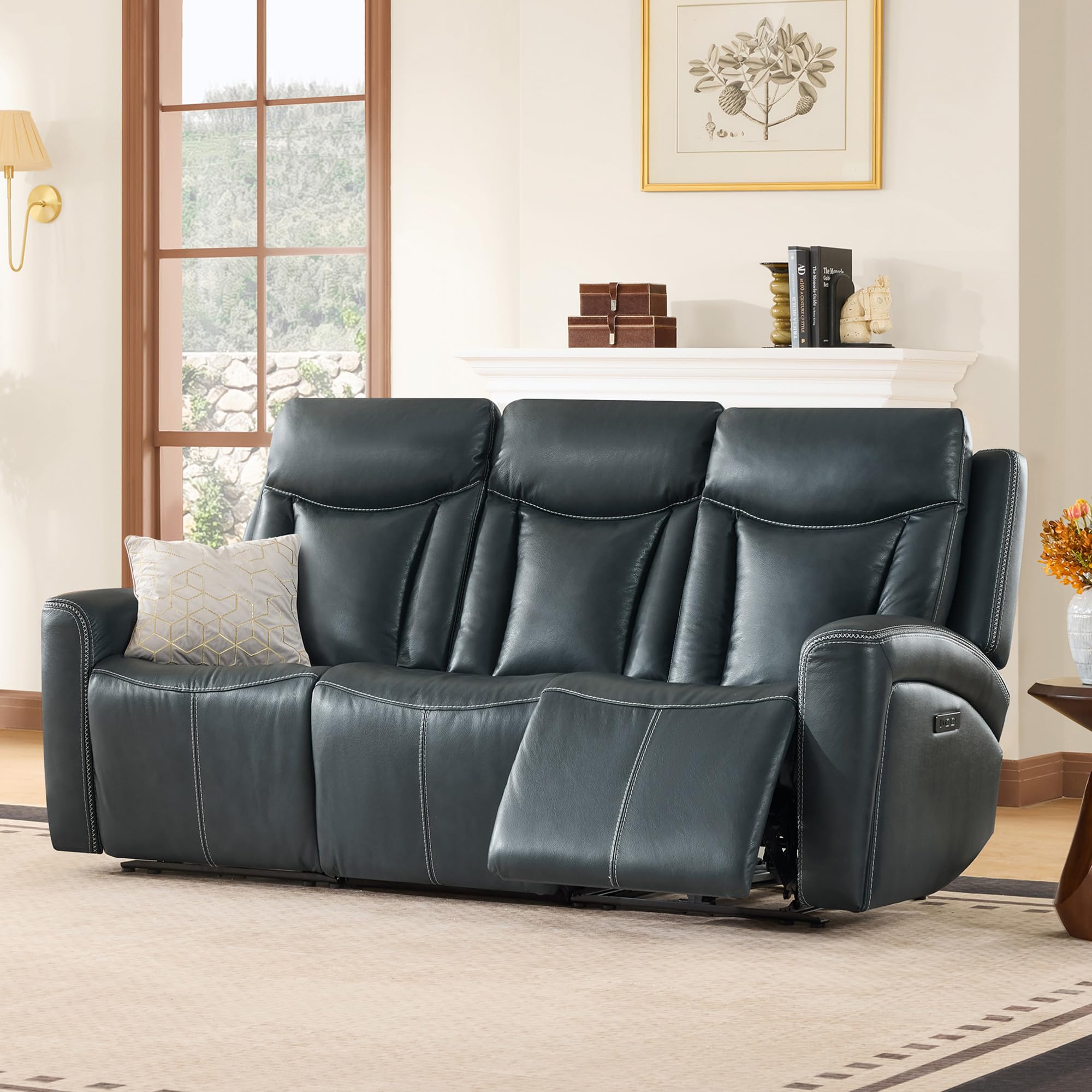 CHITA 3 Seater Genuine Leather Power Reclining Sofa, Zero Gravity, Navy