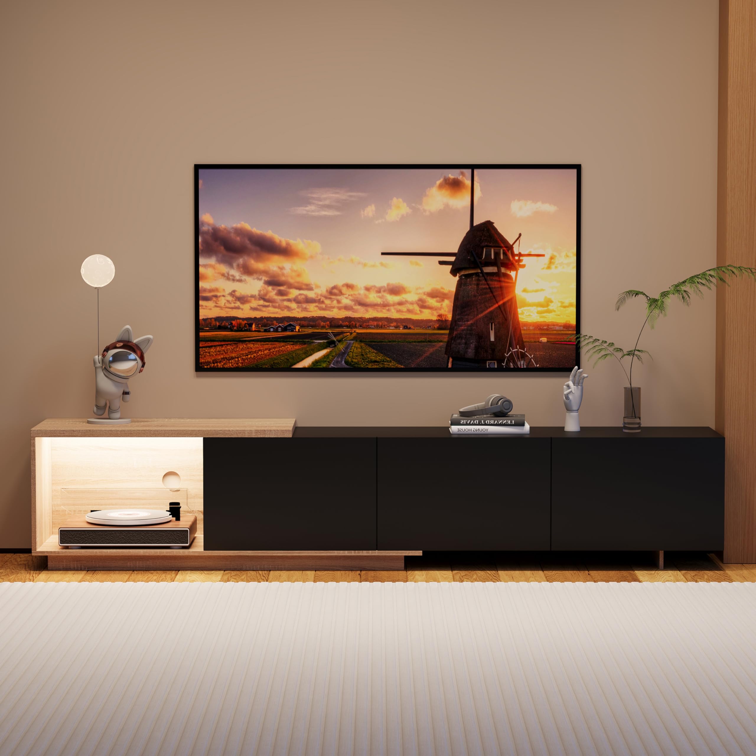 Mueble TV Extensible 163-240 cm de Longitud con 3 cajones, Mueble de TV Negro con iluminación LED, Mueble Moderno para TV de 65 Pulgadas, para salón Dormitorio (Negro, 163-240 x 36 x 44 cm)