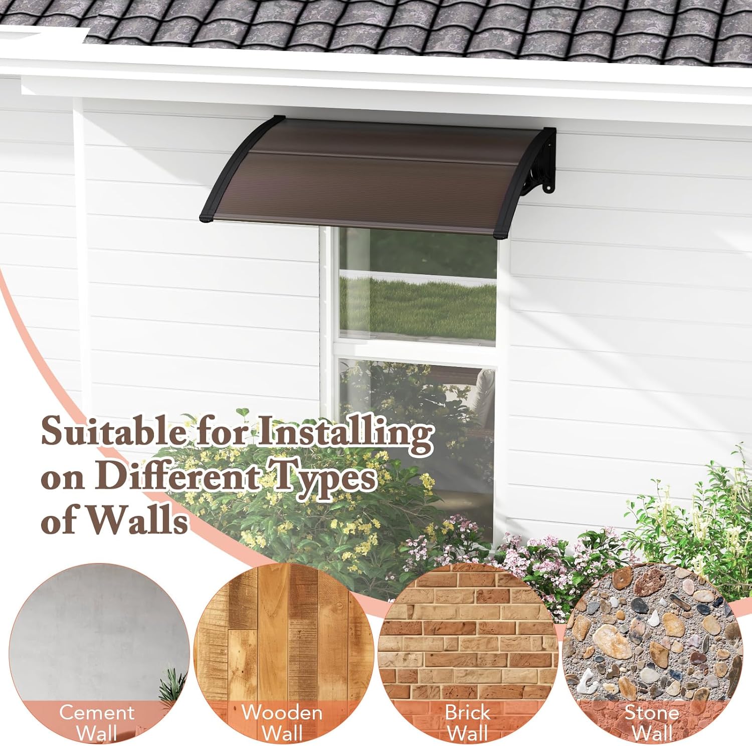 Window Awning Door Canopy, 48" x 40" Door Awnings Exterior with UPF50+ Sun Rain Snow Protection & Hallow Polycarbonate Sheet, Outdoor Front Door Entrance Canopy (Coffee)