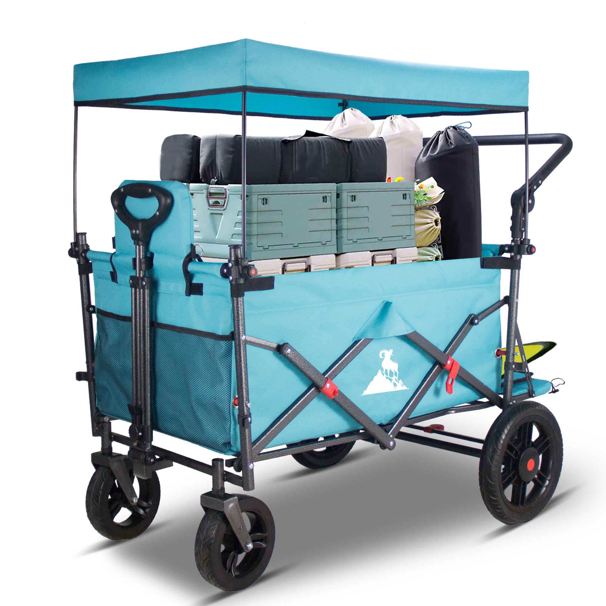 TOPWELL Folding Wagon with 2 Foldable Seats, 265LB Capacity Portable Camping Cart - Collapsible Trolley with Quick-Release Wheels, Adjustable Handle, Foldable Pull-Along Wagon for Outdoor (Turquoise)